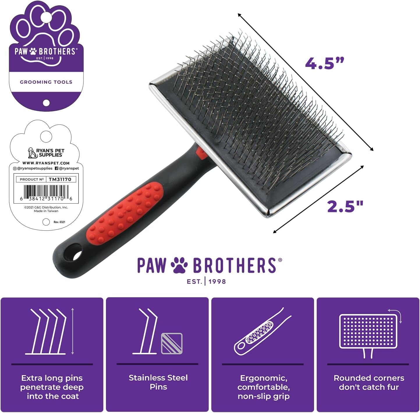 Paw Brothers Professional Grade Extra Long Slicker Brush - Ergonomic Handle, Removes Loose Undercoat and Tangles for Dogs