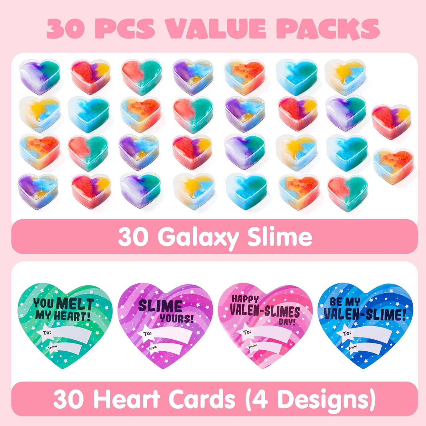 30 PCS Valentines Day Galaxy Slime Hearts for Kids Valentine Classroom Exchange Prizes, Party Favors, Gift Exchange