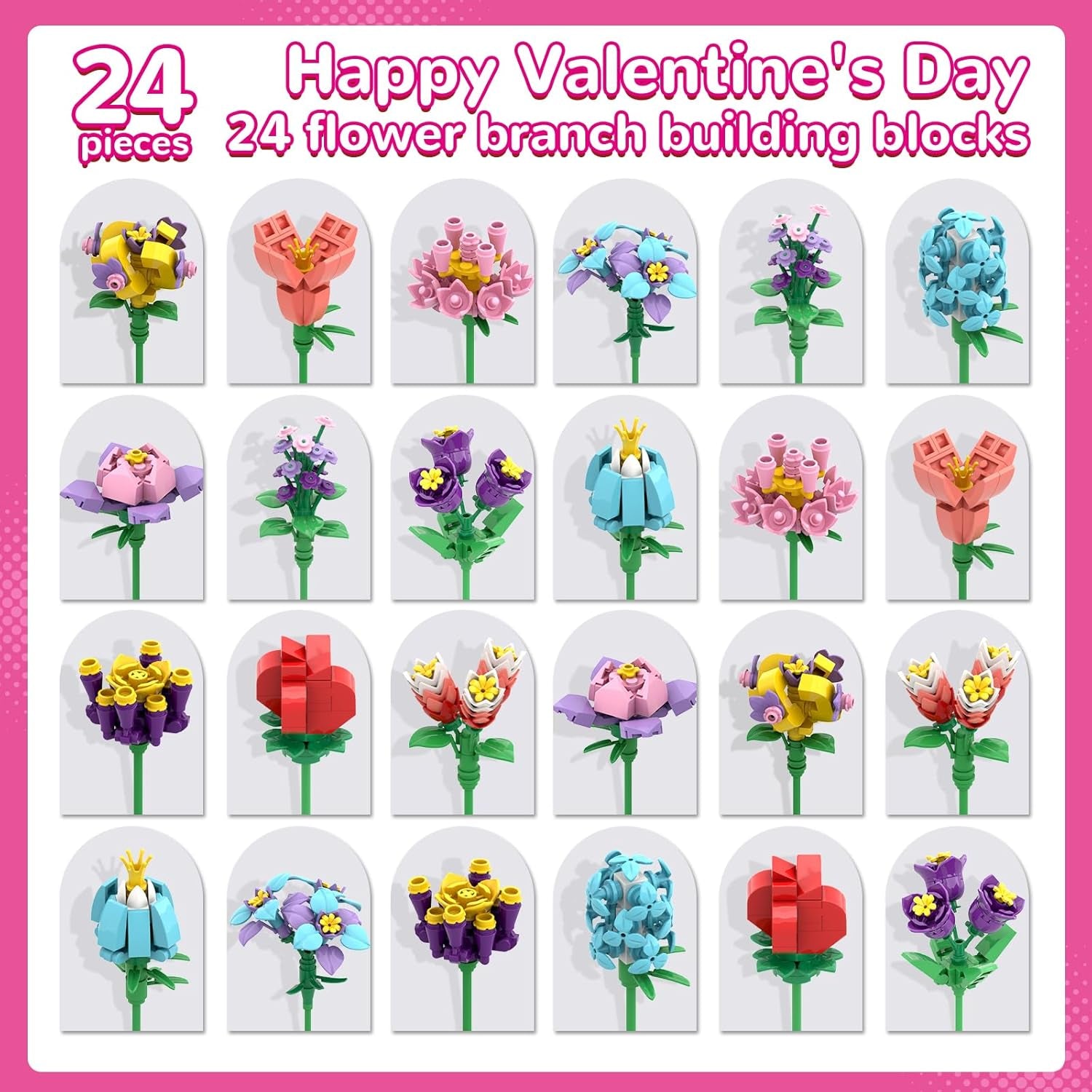 Valentines Day Gifts for Kids Classroom/School,24Pcs Building Blocks Flower Kits and Valentines Cards,Toys for 3+ Years Old Girls & Boys