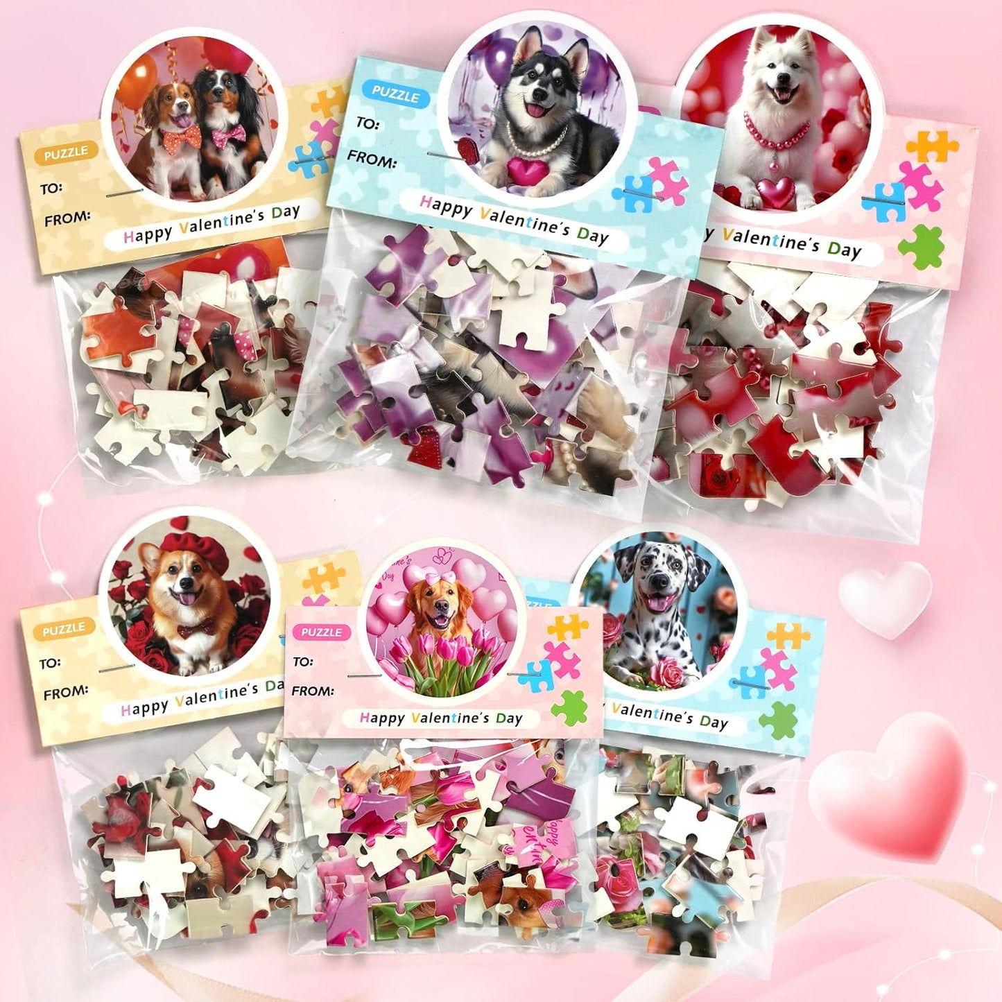 24 Packs Valentine Day Gifts for Kids with Cards Dogs Jigsaw Puzzles Goodies Bags Classroom Gifts Exchange for Boys and Girls