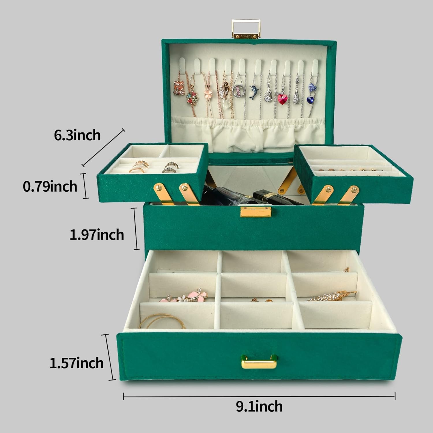 Jewelry Box for Women, 3 Layers Large Velvet Jewelry Organizer, Jewelry Storage Organizer, Jewelry Case for Earring, Ring, Necklace, Bracelets (Green)