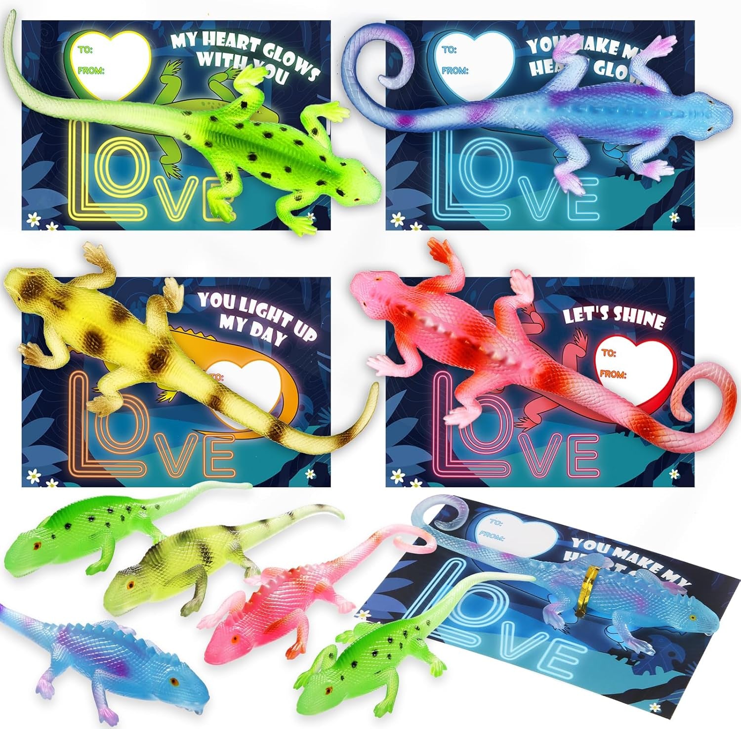 Valentines Cards for Kids Classroom,24 Pack Valentines Day Gift Cards with Glow in the Dark Lizards Toy ,Valentine Exchange Cards for School Class Prize,Bulk,Valentine Party Favor Toy for Kids