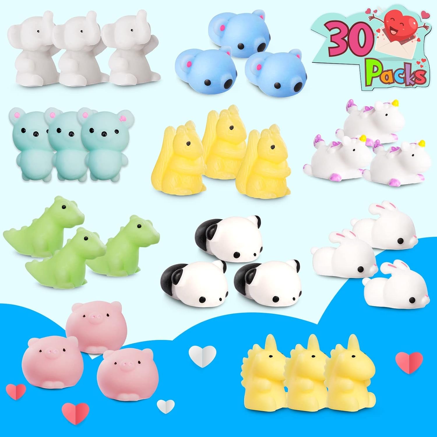 30 Packs Valentine'S Day Cards with Mochi Squishy Toys, Mini Kawaii Stress Relief Squishy Toys Sets for Kids, Valentine'S Day School Classroom Prizes, Valentine Exchange Gift