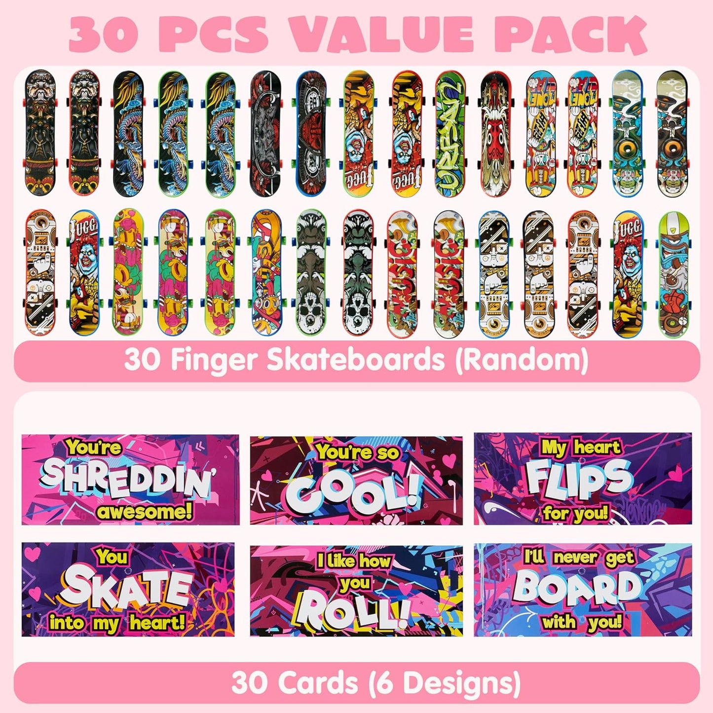 30 Packs Valentine'S Day Mini Finger Skateboards with Cards, Classroom Exchange Gift for Kids, Kids Toys Party Favor, Classroom and Holiday Reward Prizes