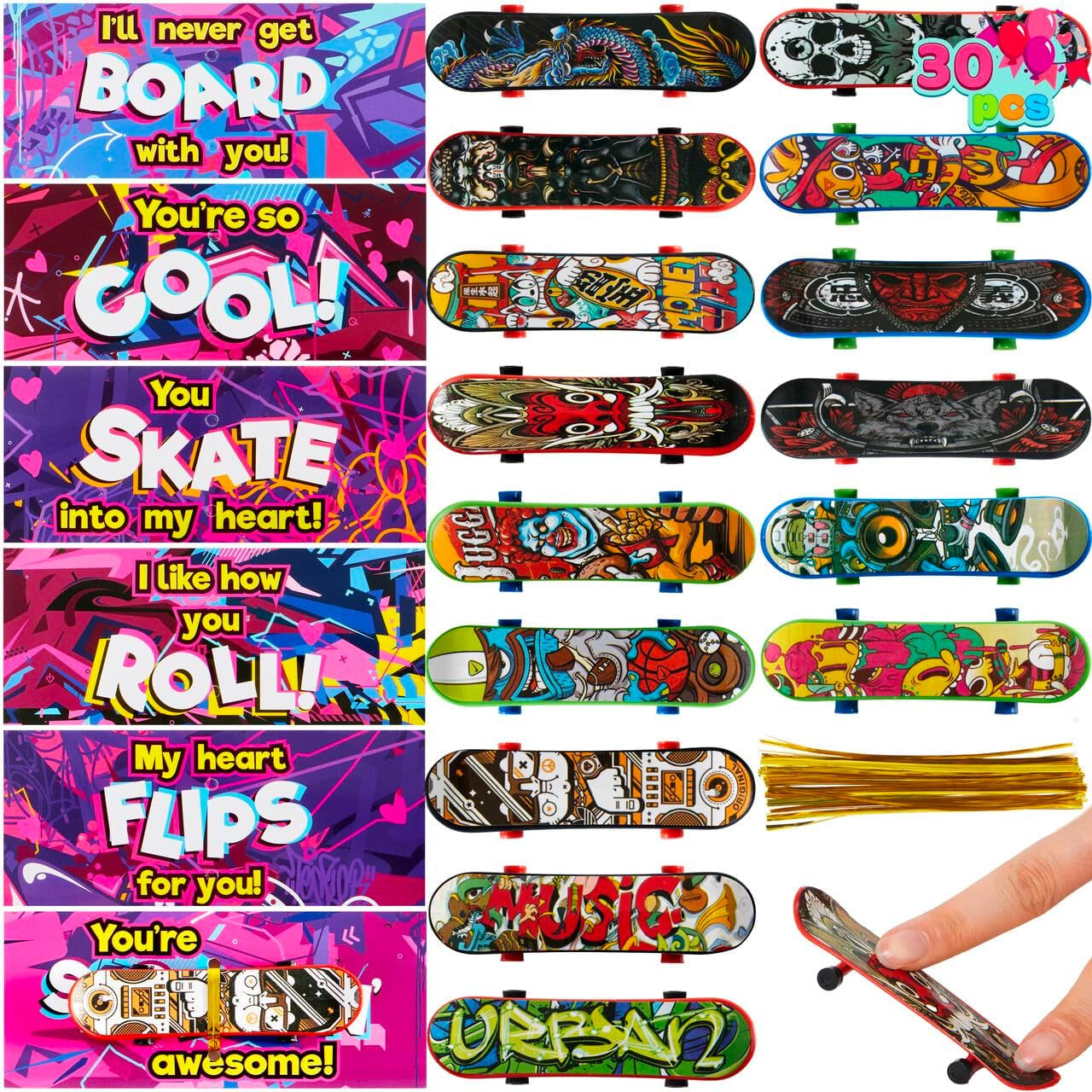 30 Packs Valentine'S Day Mini Finger Skateboards with Cards, Classroom Exchange Gift for Kids, Kids Toys Party Favor, Classroom and Holiday Reward Prizes