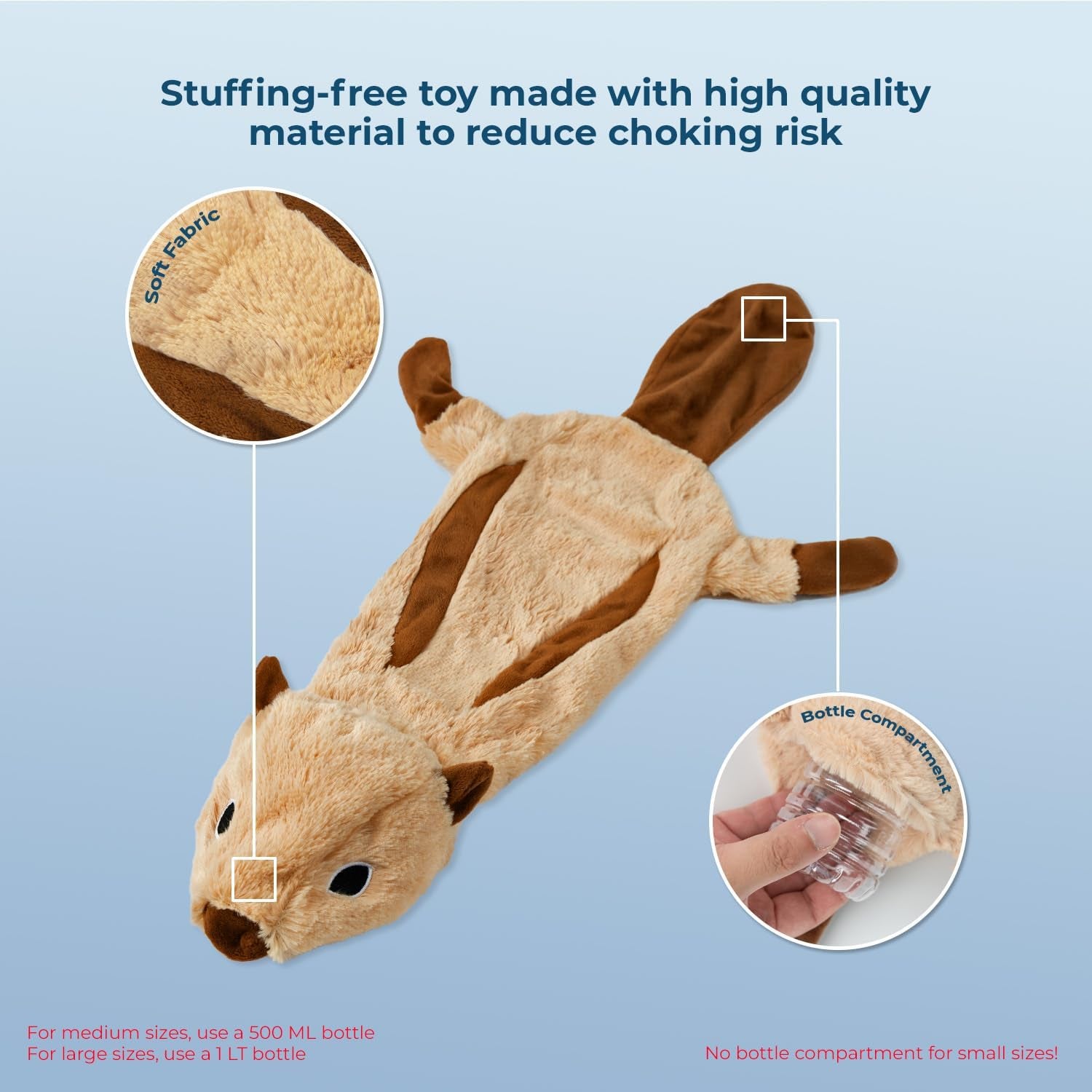 2-In-1 Stuffless Squeaky Dog Toys with Soft, Durable Fabric for Small, Medium, and Large Pets, No Stuffing for Indoor Play, Supports Active Biting and Play - Squirrel, Small