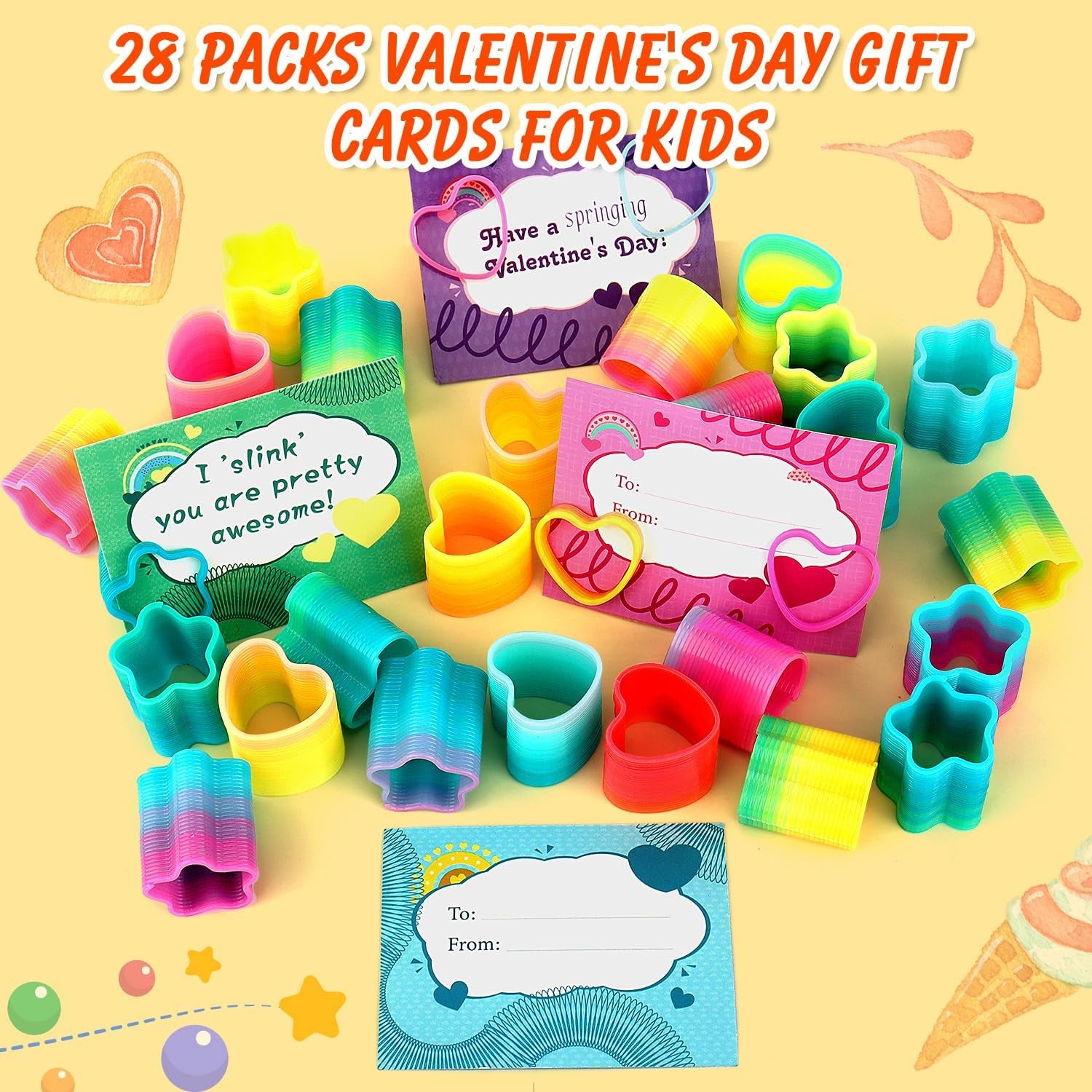 28 PCS Valentines Day Cards for Kids School - Rainbow Springs Toy for Boys Girls, Ideal Gifts Exchange Cards for Classroom