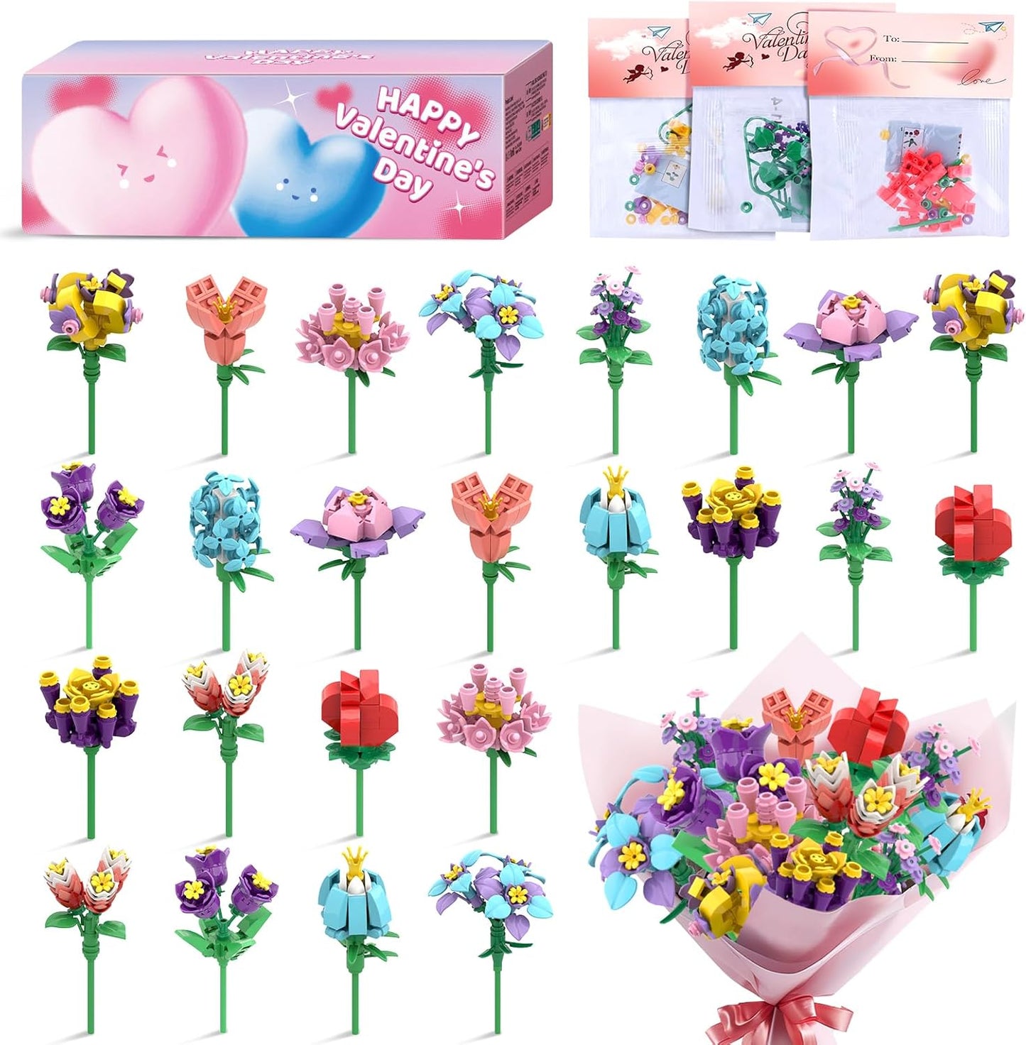 Valentines Day Gifts for Kids Classroom/School,24Pcs Building Blocks Flower Kits and Valentines Cards,Toys for 3+ Years Old Girls & Boys