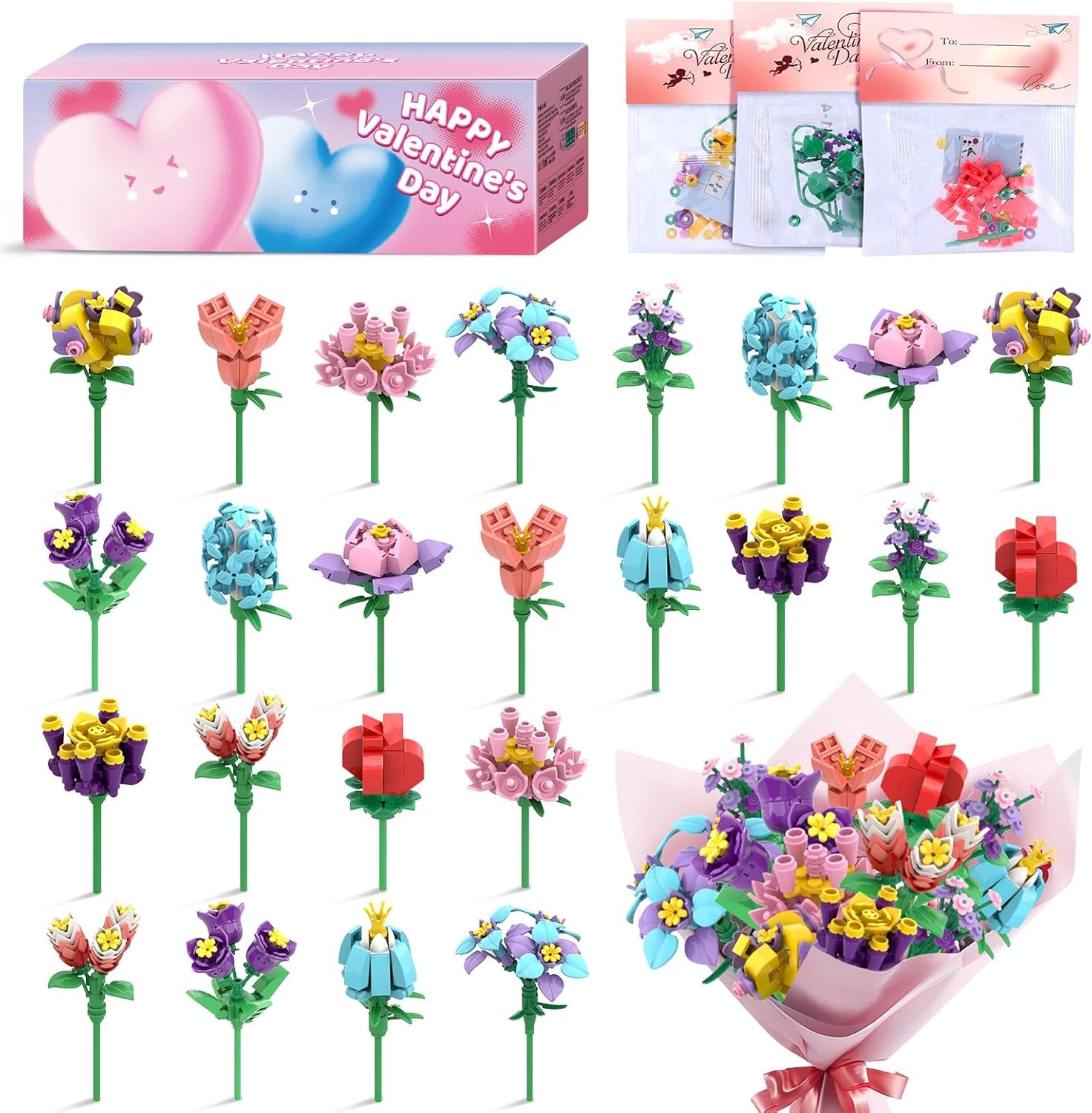 Valentines Day Gifts for Kids Classroom/School,24Pcs Building Blocks Flower Kits and Valentines Cards,Toys for 3+ Years Old Girls & Boys