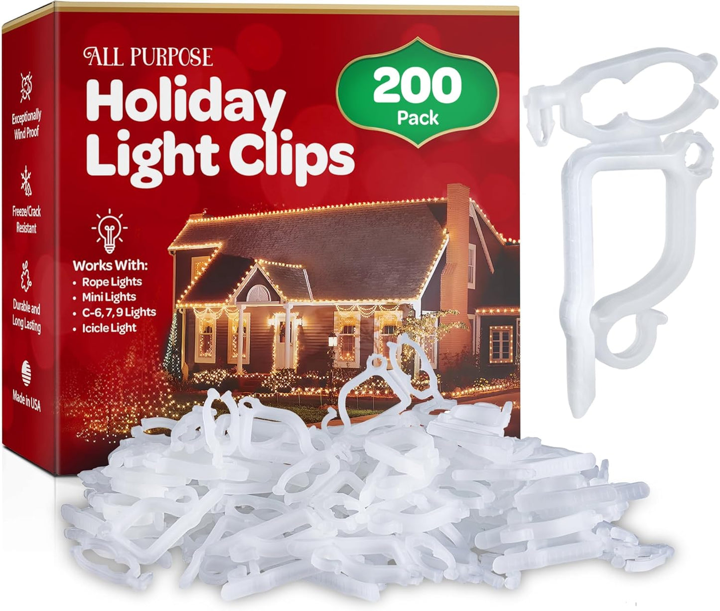 All-Purpose Holiday Light Clips [Set of 200] Christmas Light Clips, Outdoor Light Clips - Mount to Shingles & Gutters - Works with Mini, C6, C7, C9, Rope, Icicle Lights - No Tools Required - USA Made