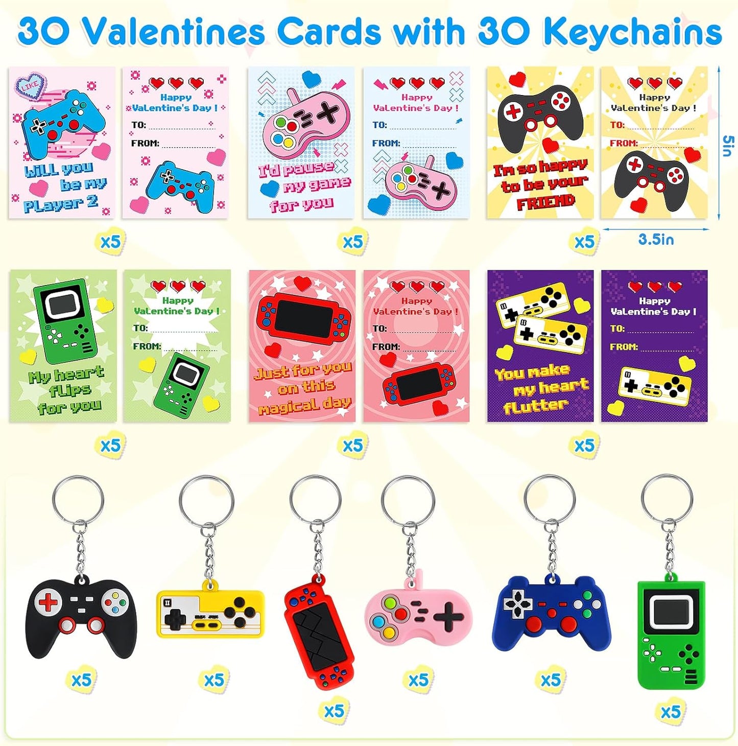 Valentines Gifts Cards for Kids Classroom, 30 Pack Game Console Keychain with Cards, Valentines Day Exchange Prizes for School, Valentines Party Favors, Valentines Day Gifts for Kids