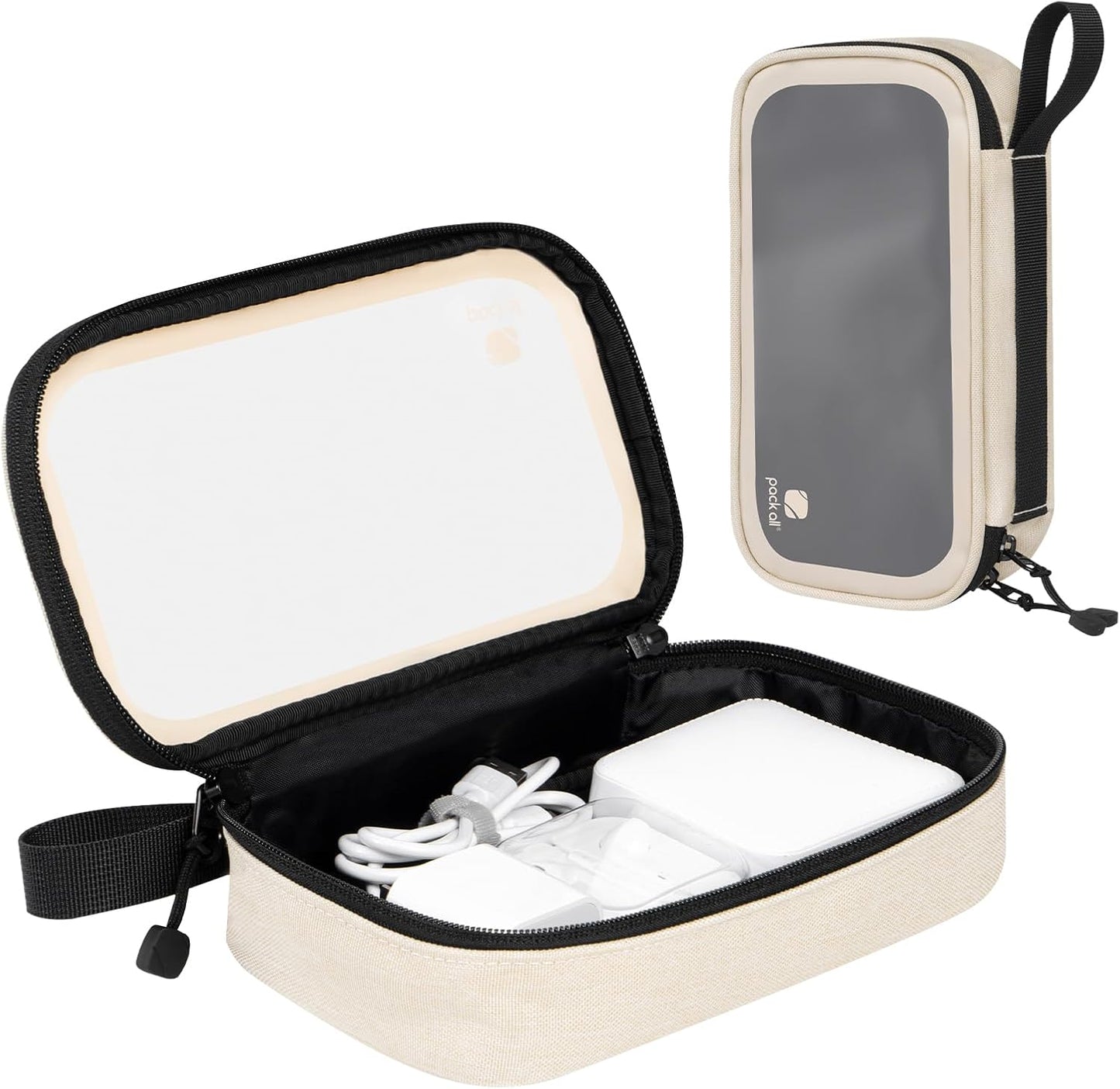 Clear Electronic Organizer, TPU Cable Organizer Bag, Compact Cord Travel Organizer for Cables, Chargers, Phones, USB Cords, SD Cards (Beige)