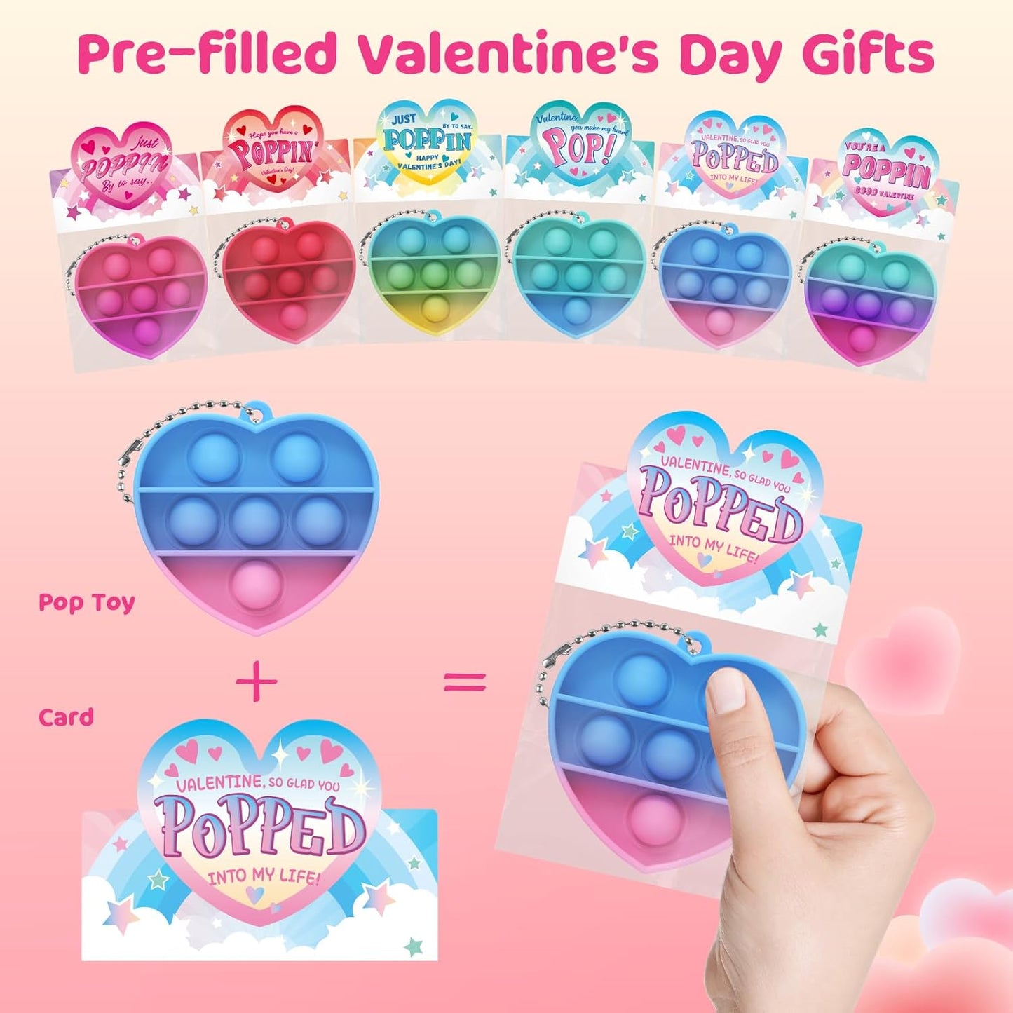 Valentines Day Gift Cards for Kids: 30 Packs Heart Pop Fidget Toys Bulk, Mini Pop Squeeze Toys Stress Relief Fidget Toys for Classroom School Party Favors Exchange Gifts Toddlers Girls Boys Ages 3+