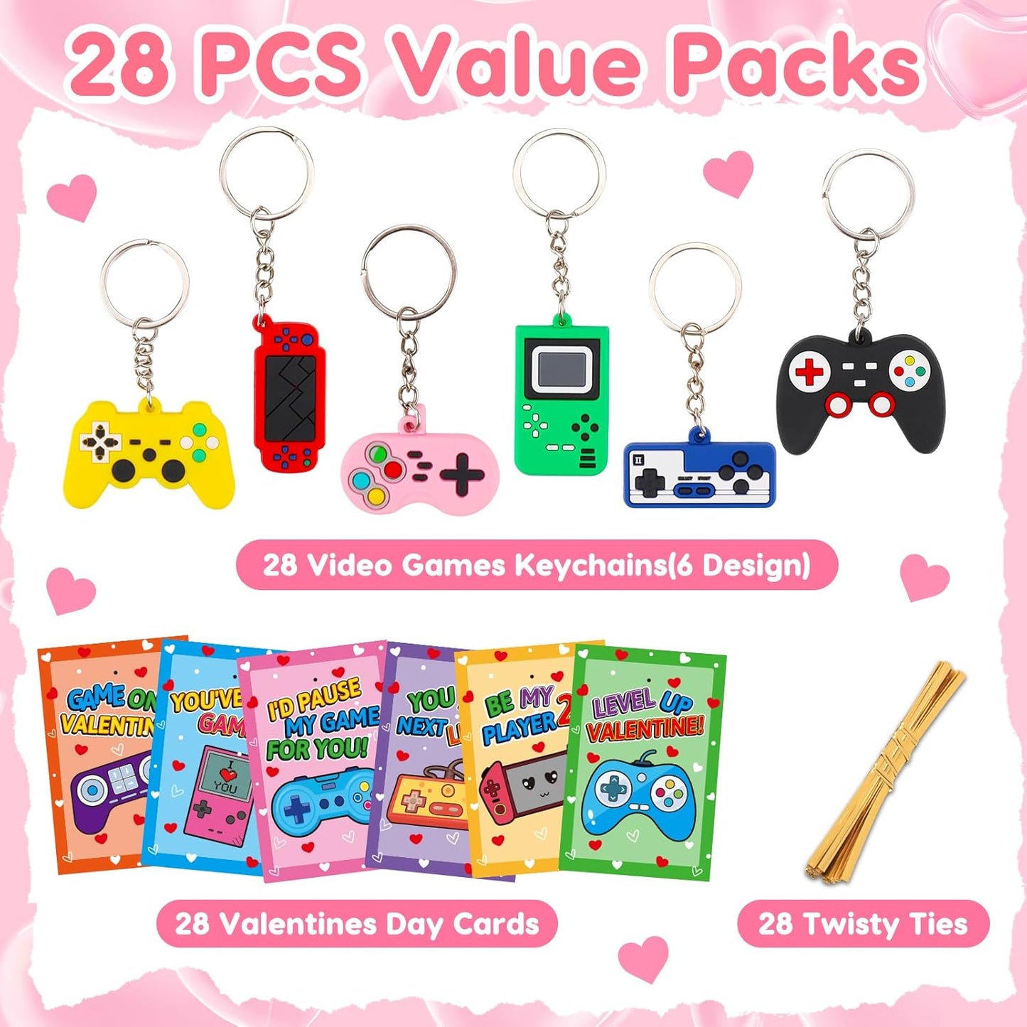 28PCS Video Game Keychains Valentines Day Cards for Kids School Classroom Funny Valentine Day Exchange Gifts for Toddlers Boys Girls Student Valentine'S Party Favor Goodie Bag Stuffers Treat Bulk