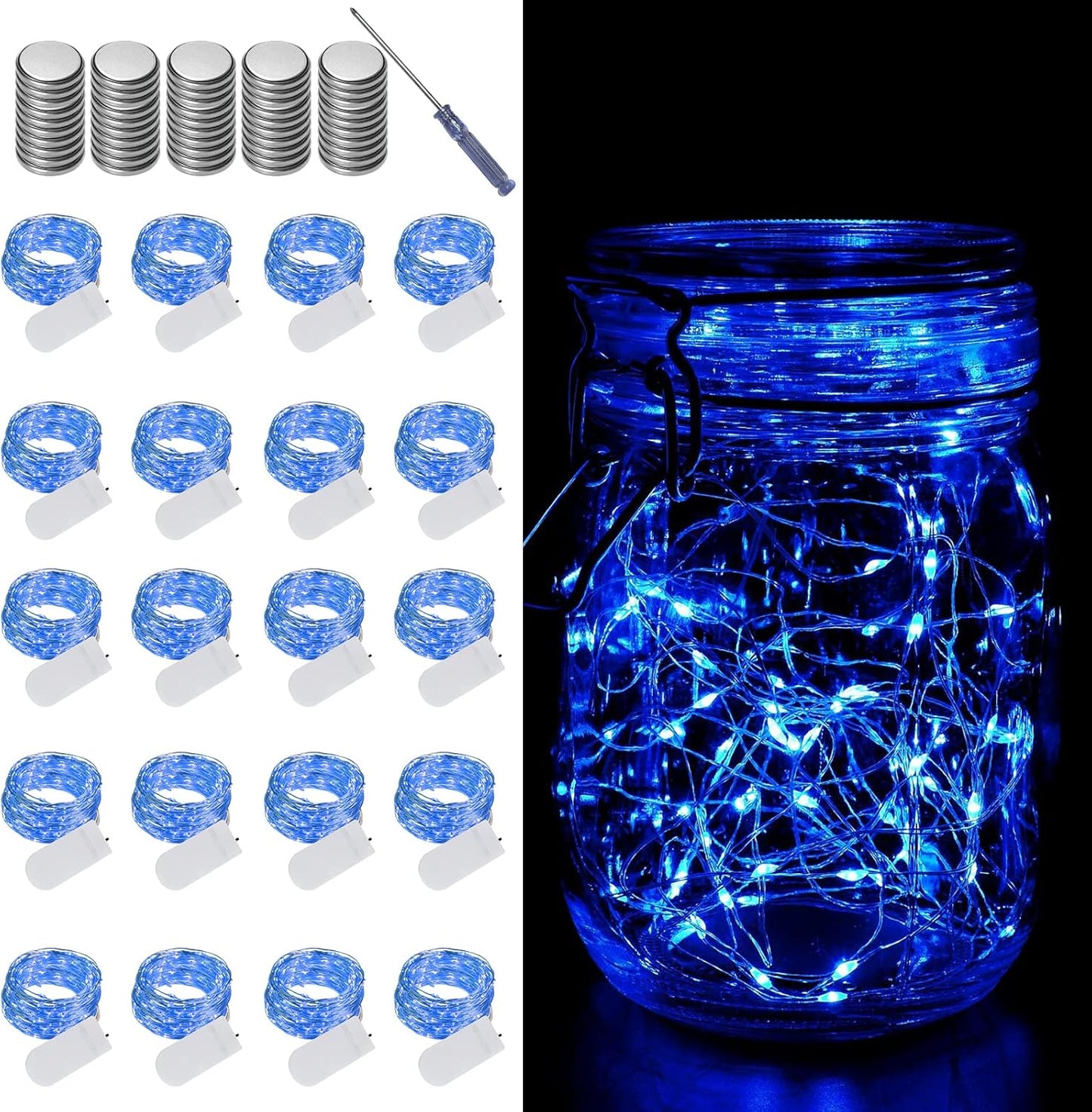 20 Pack Fairy Lights Battery Operated String Lights, 20 LED on 6.6FT Silvery Copper Wire,Battery Case,Blue（20 Sets - Each 20 Count LED）