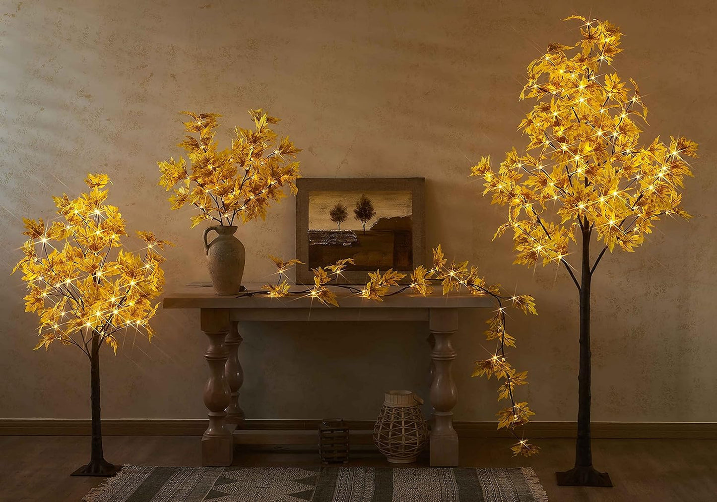 Lighted Fall Garland with Timer 6FT 24 Warm White LED, Maple Leaf Vine with Lights Battery Operated for Mantle Fireplace Autumn Thanksgiving Harvest Decoration Indoor Outdoor