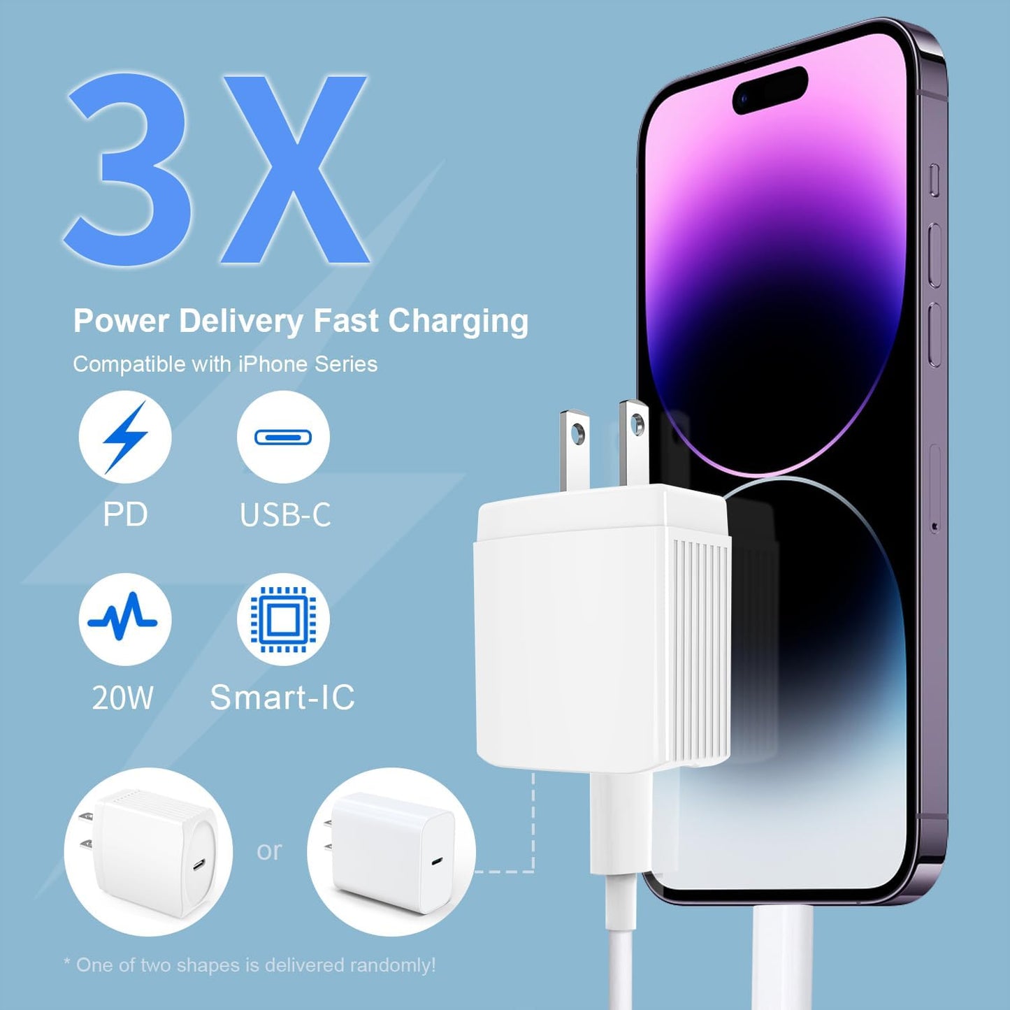 20W USB C Fast Charger 10 FT Compatible with Iphone 14 13 12 11 XS XR X 8 Ipad, 2 Pack PD Wall Charger Block with 10FT Long Type C Lightning Cable (White)