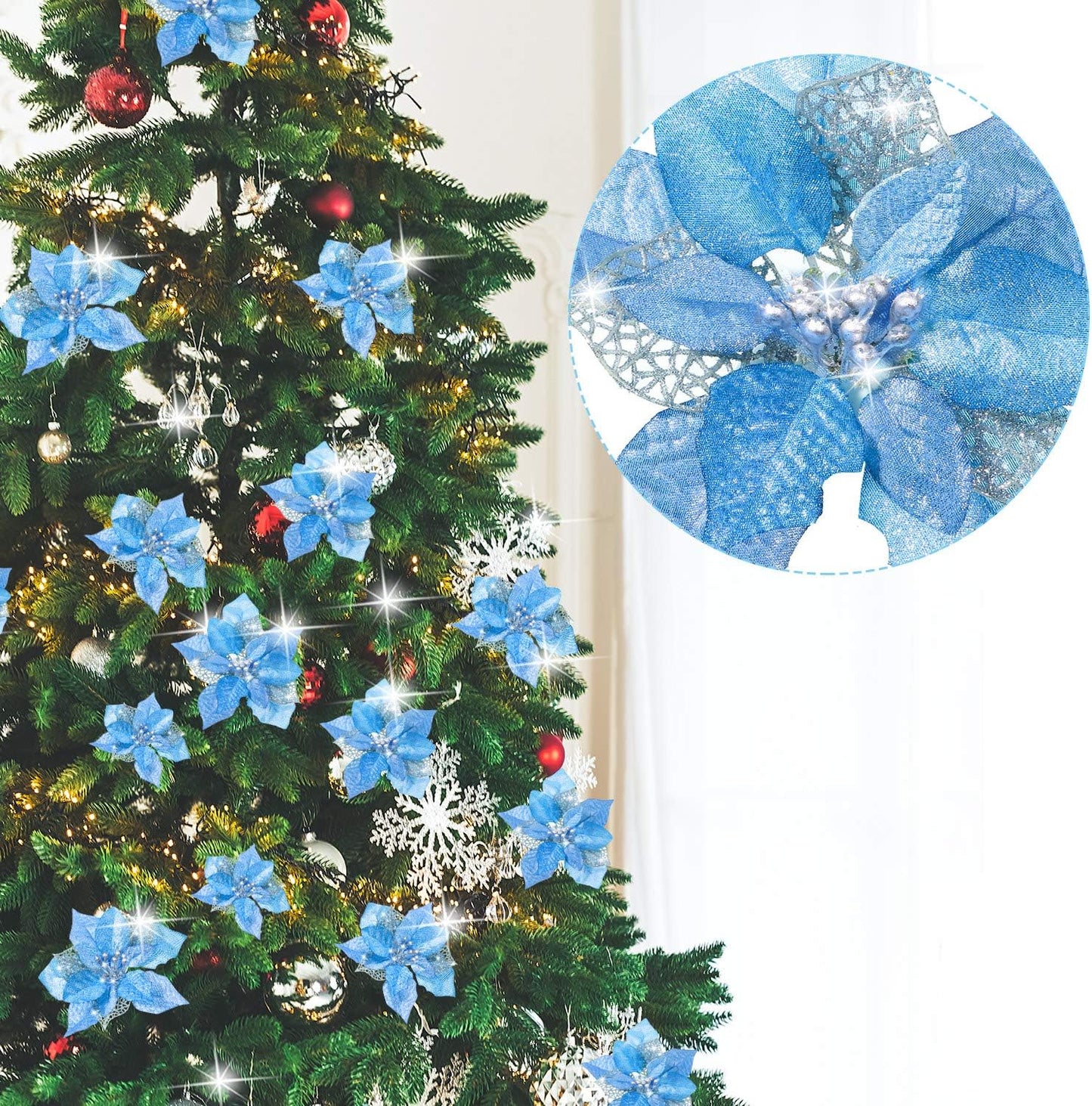 36 Pieces Christmas Poinsettia Glitter Faux Flowers Christmas Artificial Flowers Tree Ornaments Topper Xmas Decorations(Blue)