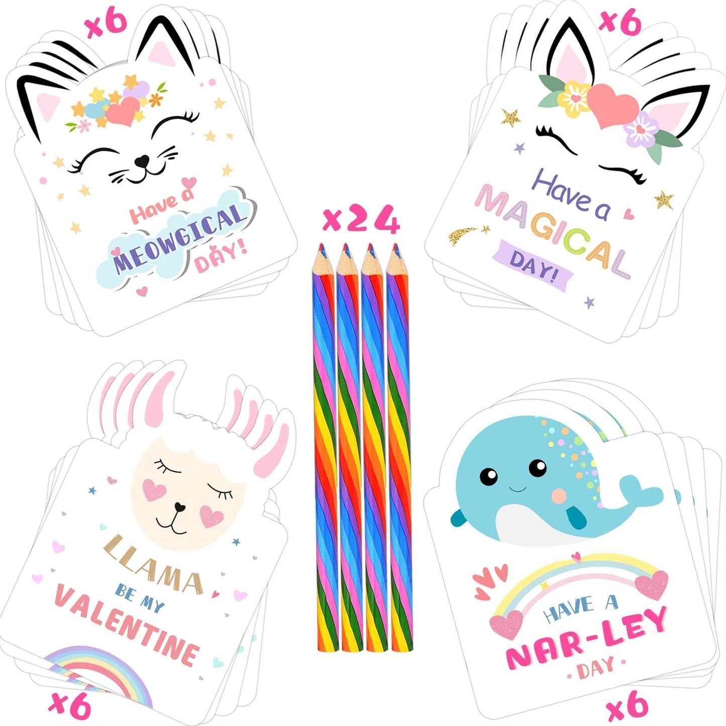 Valentines Day Cards for Kids - Set of 24 Rainbow Pencils Unicorn Valentines - Class Party Favors Valentine Day Cards Exchange Bulk for Girls Boys School Classroom Supplies