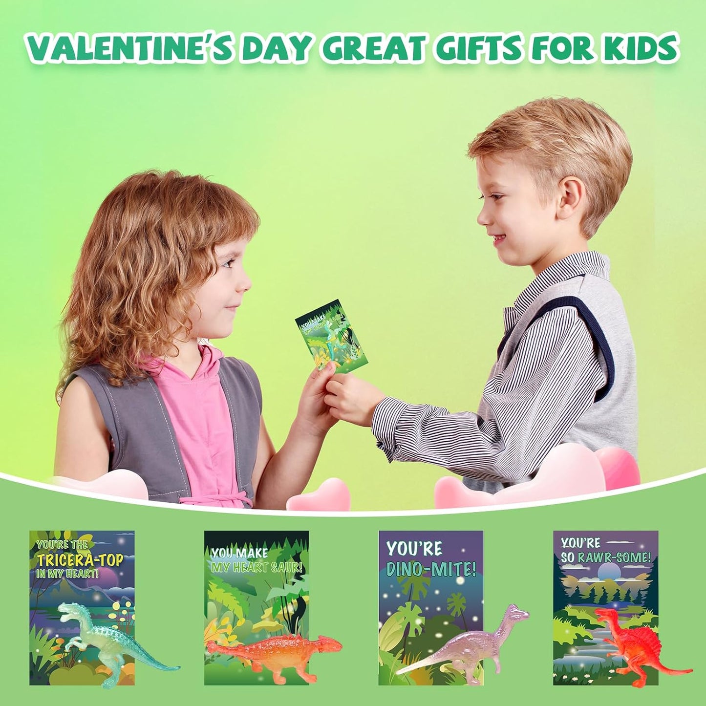 Valentines Day Cards Gifts for Kids School - 32 Pack Glow in Dark Dinosaur Toys with Cute Dinosaur-Themed Cards, Kids Valentines Exchange Gifts Ideas Preschool Valentine Gifts Favors