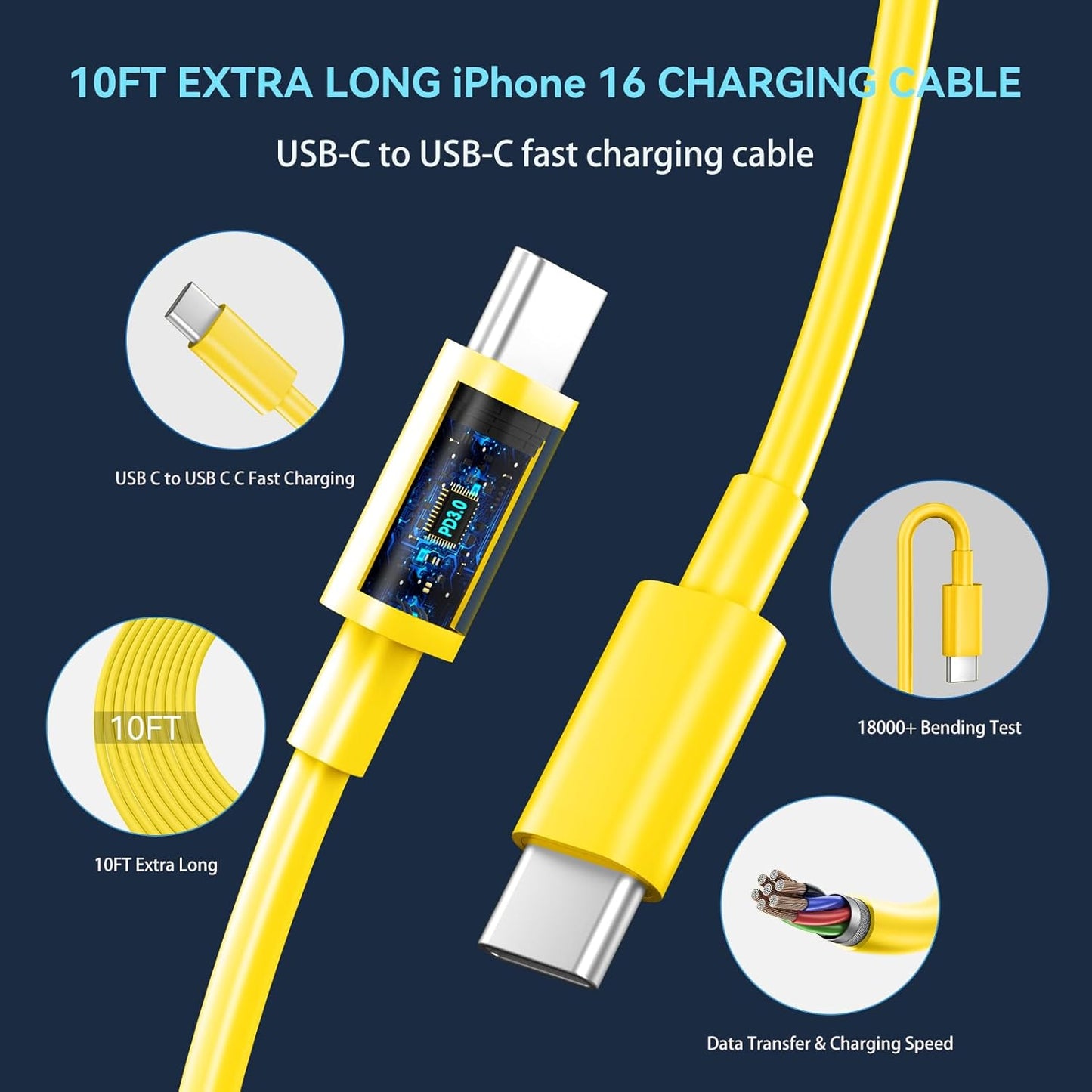 USB C Phone 16 15 Pro Max Charger Fast Charging Block, 30W USB C Charger with 10FT USB-C Fast Charging Long Cable Cord for Phone 16 Pro Max/16 Pro/16 Plus/16/15 Promax/15Pro/15Plus/15 Galaxy-Yellow