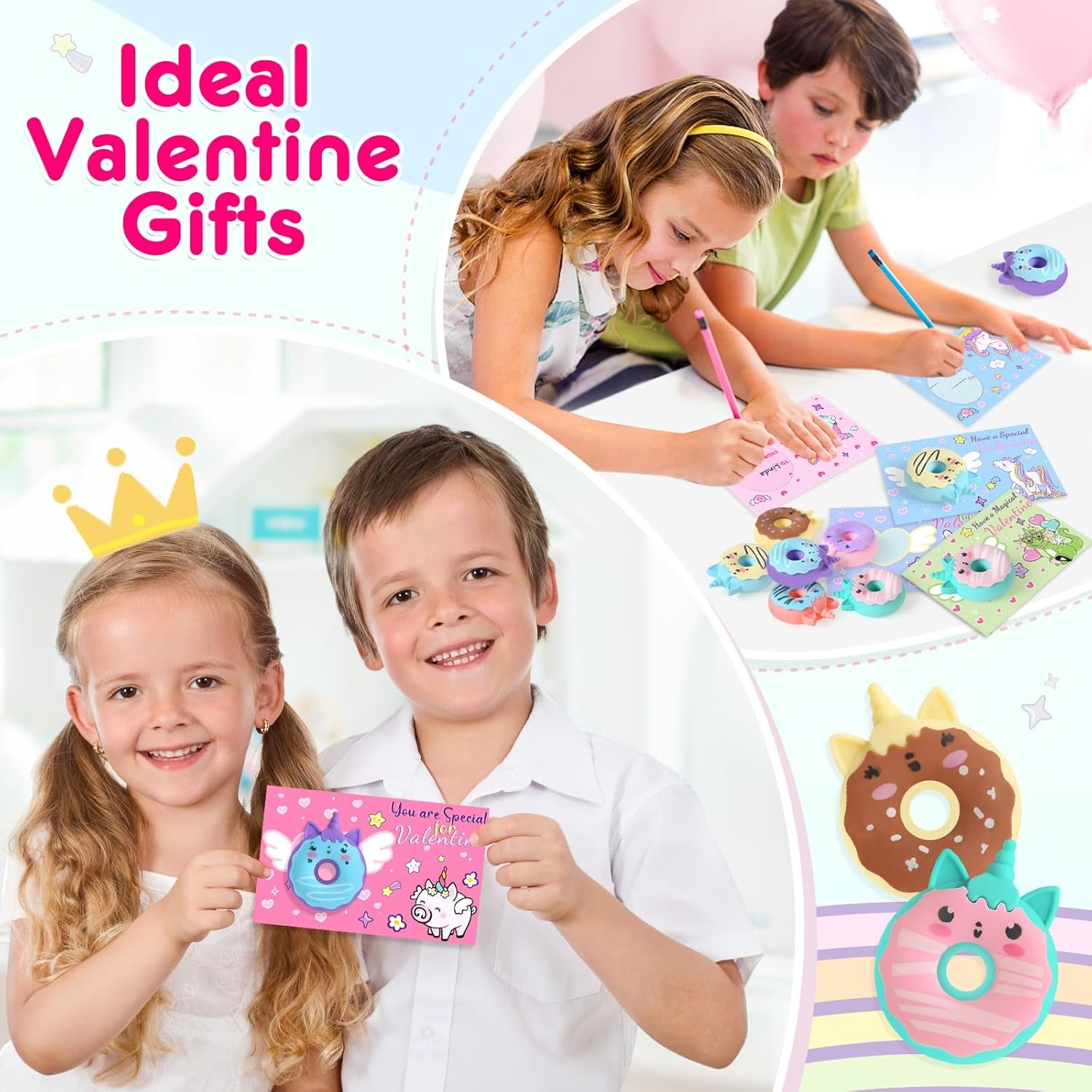 30 Pack Valentines Day Cards for Kids School, Donut Erasers with Greeting Cards, Valentines Day Gifts for Kids, Valentine Kids Party Favor, School Classroom Exchange Prizes for Boys Girls