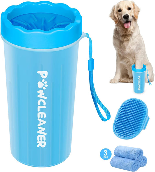 Dog Paw Cleaner with Bath Brush & Absorbent Towels - Adjustable Ring Handle for Long and Short-Haired Dogs (Large, Blue)