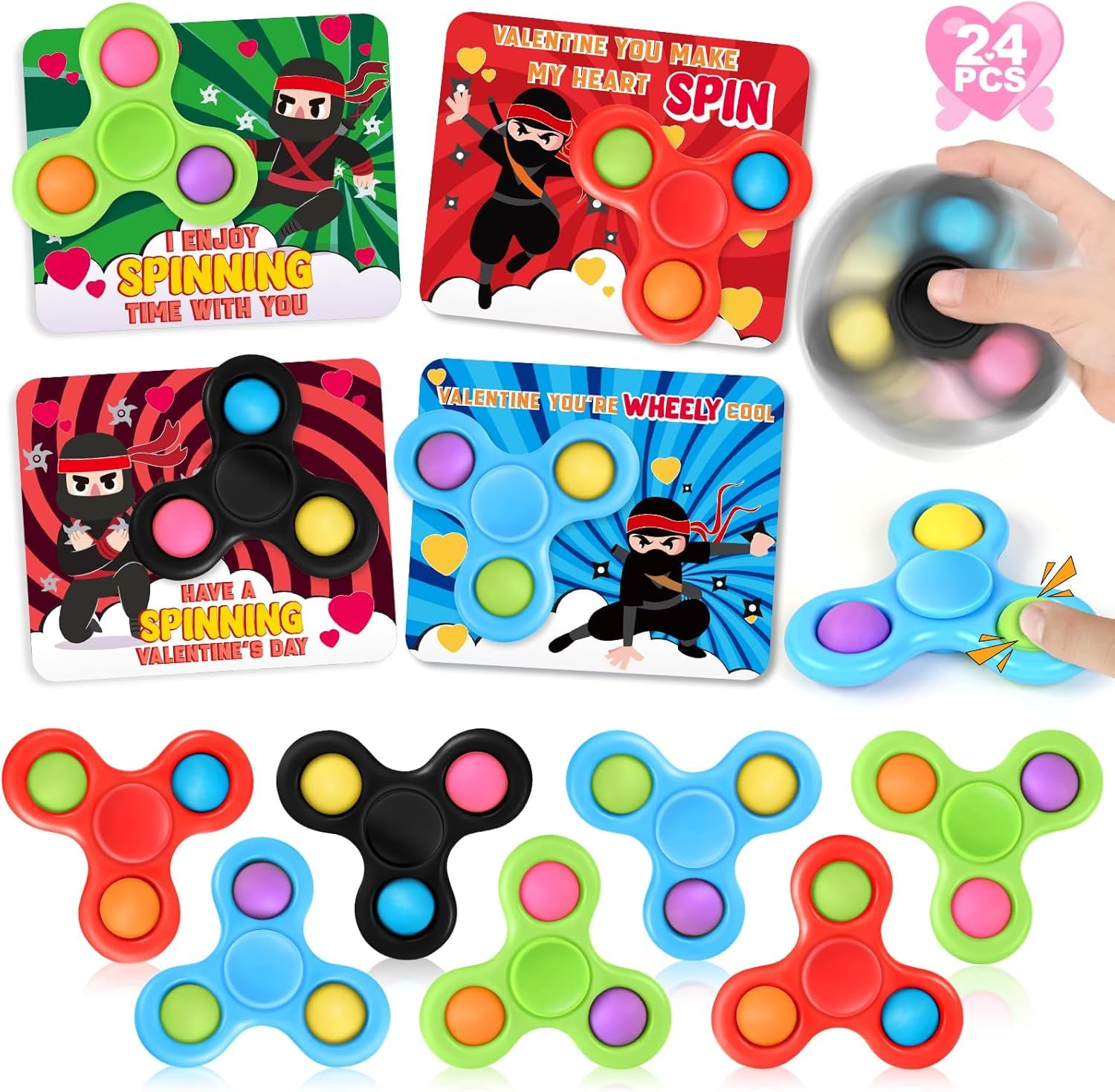 24 Pack Valentine'S Day Cards for Kids with Fidget Spinners Toys, Sensory Fidget Toys for School Classroom Valentine'S Gifts Exchange, Spinners Toys for Valentine'S Party Favors