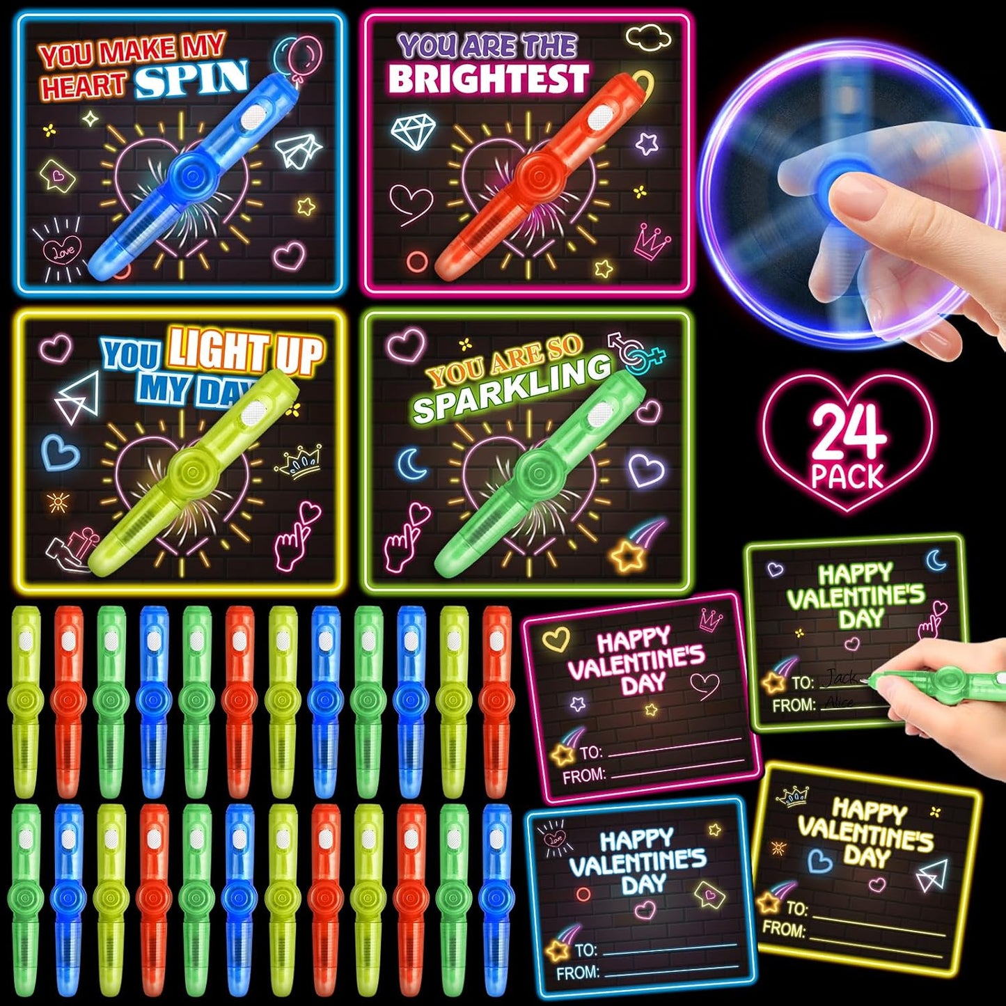 24 Pack Valentines Day Cards for Kids, 24 Light up Spinning Toy Pens for Valentines Gifts Exchange, Valentine School Classroom Favors for Kids Boys Girls, Valentines Cards for Kids