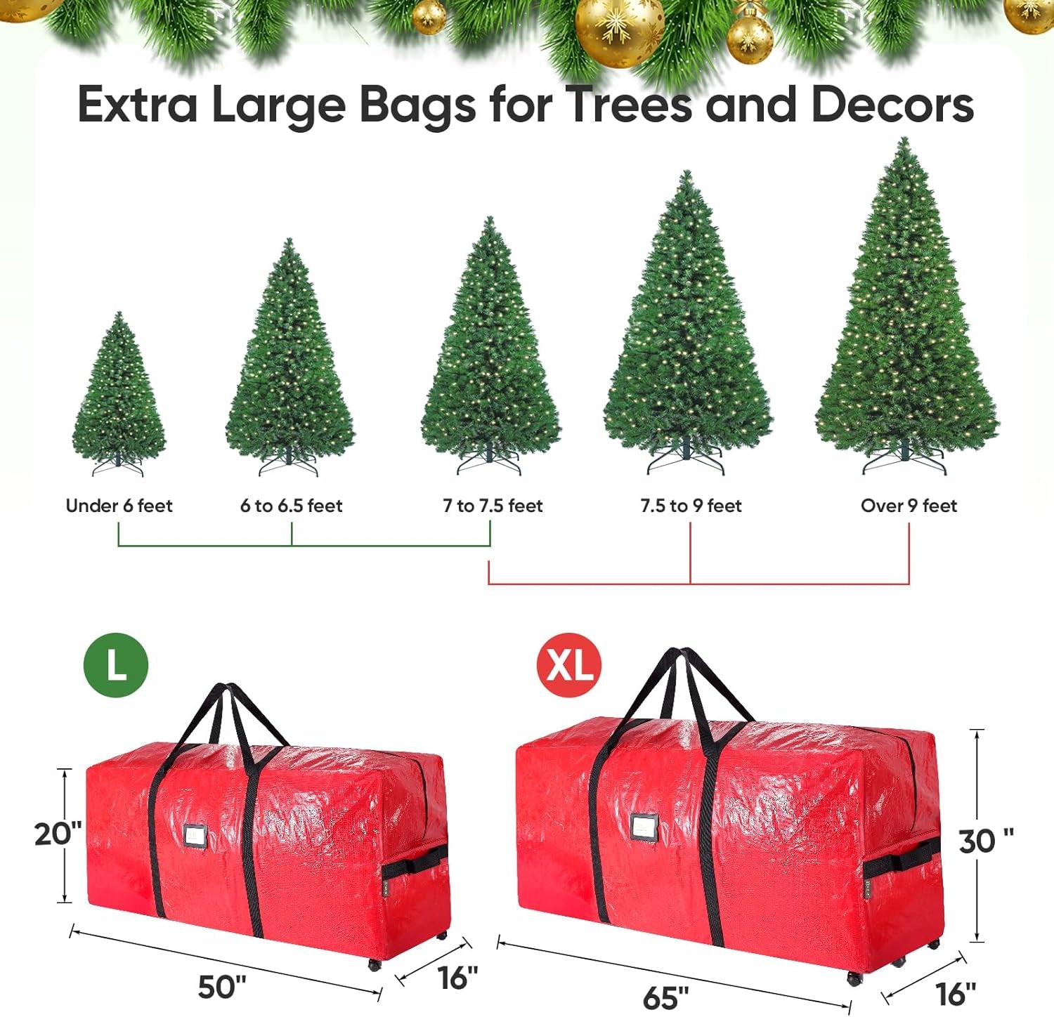 7.5 Ft Rolling Christmas Tree Storage Bag, 2 Swivel Wheels for Easy Moving, Heavy Duty Extra Large Artificial Christmas Tree Bag with Reinforced Carry Handles and Fixed Buckle (Green)