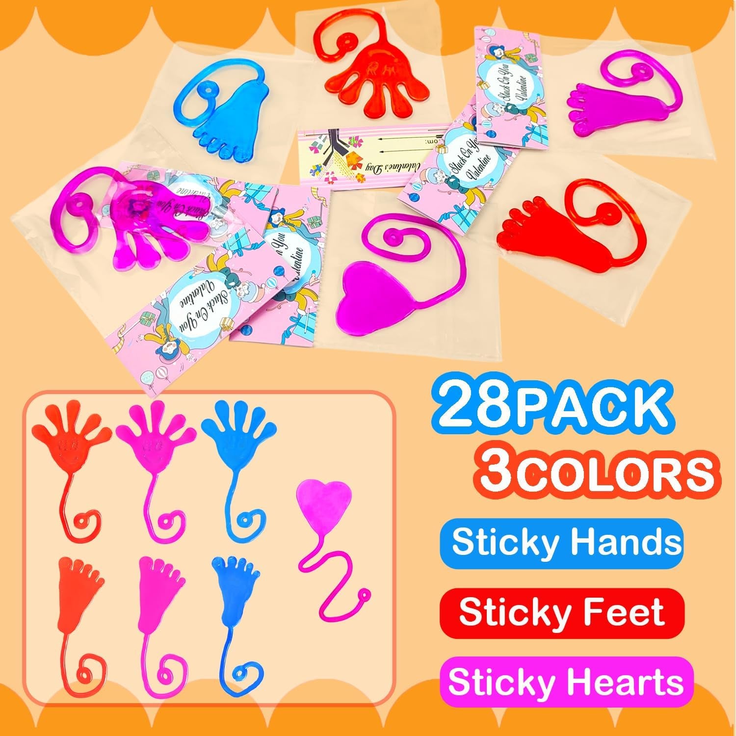 Valentines Day Gifts Cards for Kids Classroom, 28-Pack Sticky Hands Feet Hearts Toys with Class Exchange Cards, Valentines Non Candy Treats Goodies Prizes School Party Favors for Toddlers Boys Girls