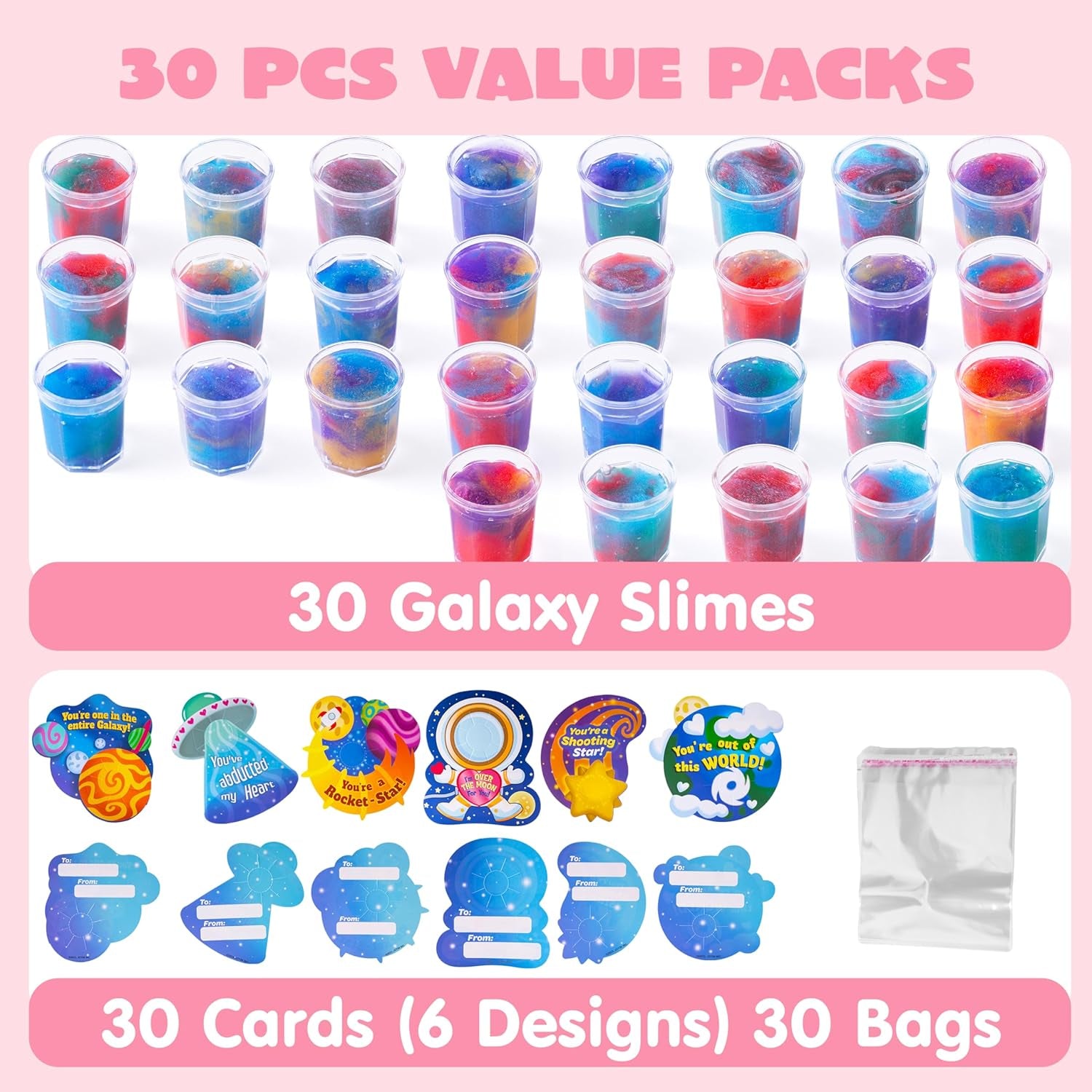 30 Packs Valentines Day Gift Cards with Galaxy Slime Stress Relief Fidget Toy for Kids Party Favor, Classroom Exchange Prizes, Valentine Party Favors, Greeting Cards