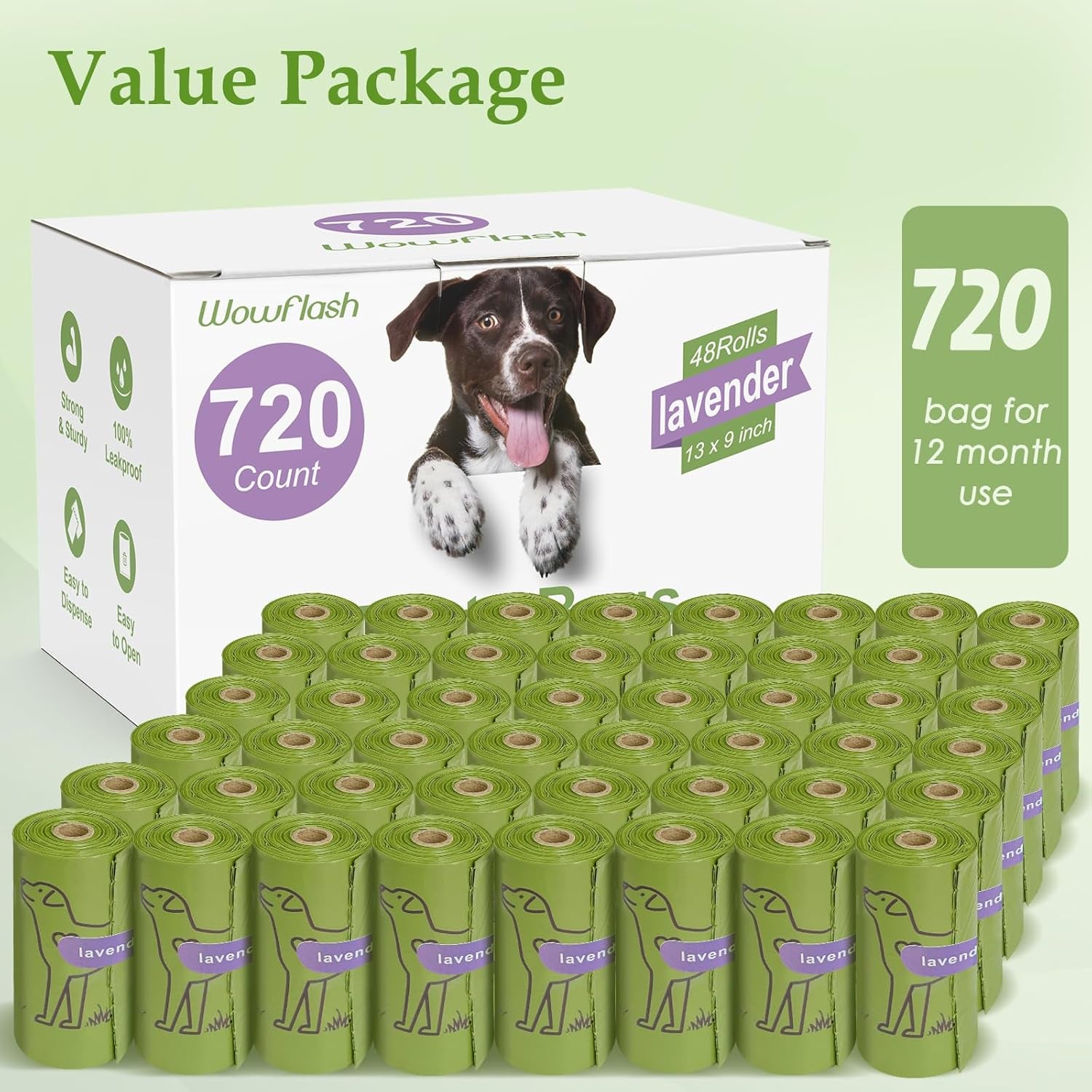 720 Count Lavender Scented 13” X 9” Dog Waste Bags Rolls, Leakproof Strong & Sturdy Bags for Dogs, Doggie Bags Cats Litter Bags,Trash Bags for Doggy Pets