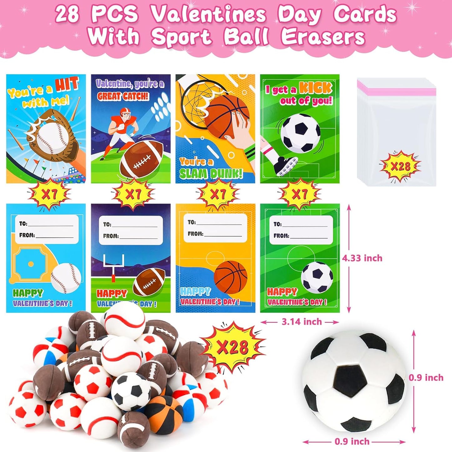 28Pack Valentines Day Cards for Kids School with Mini Sports Ball Erasers Valentines Day Gifts for Kids Classroom Exchange Boys Valentines Toys Party Favor Bulk Class Prizes Goodie Bags Stuffers