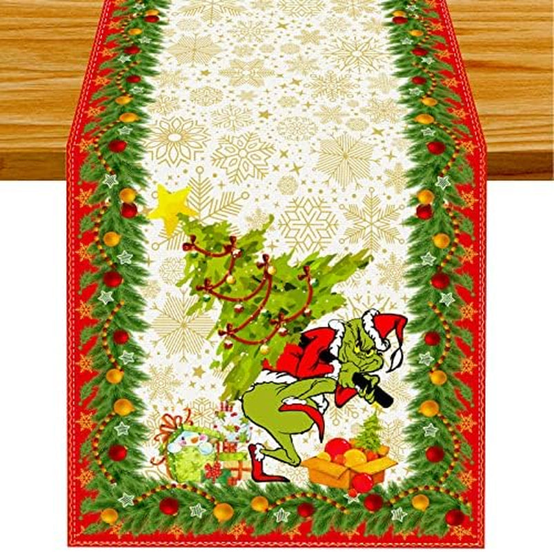 Linen Green Christmas Table Runner Merry Christmas Tablecloth Christmas Xmas Winter Holiday Home Kitchen Dining Room Table Decorations 13X72 Inch