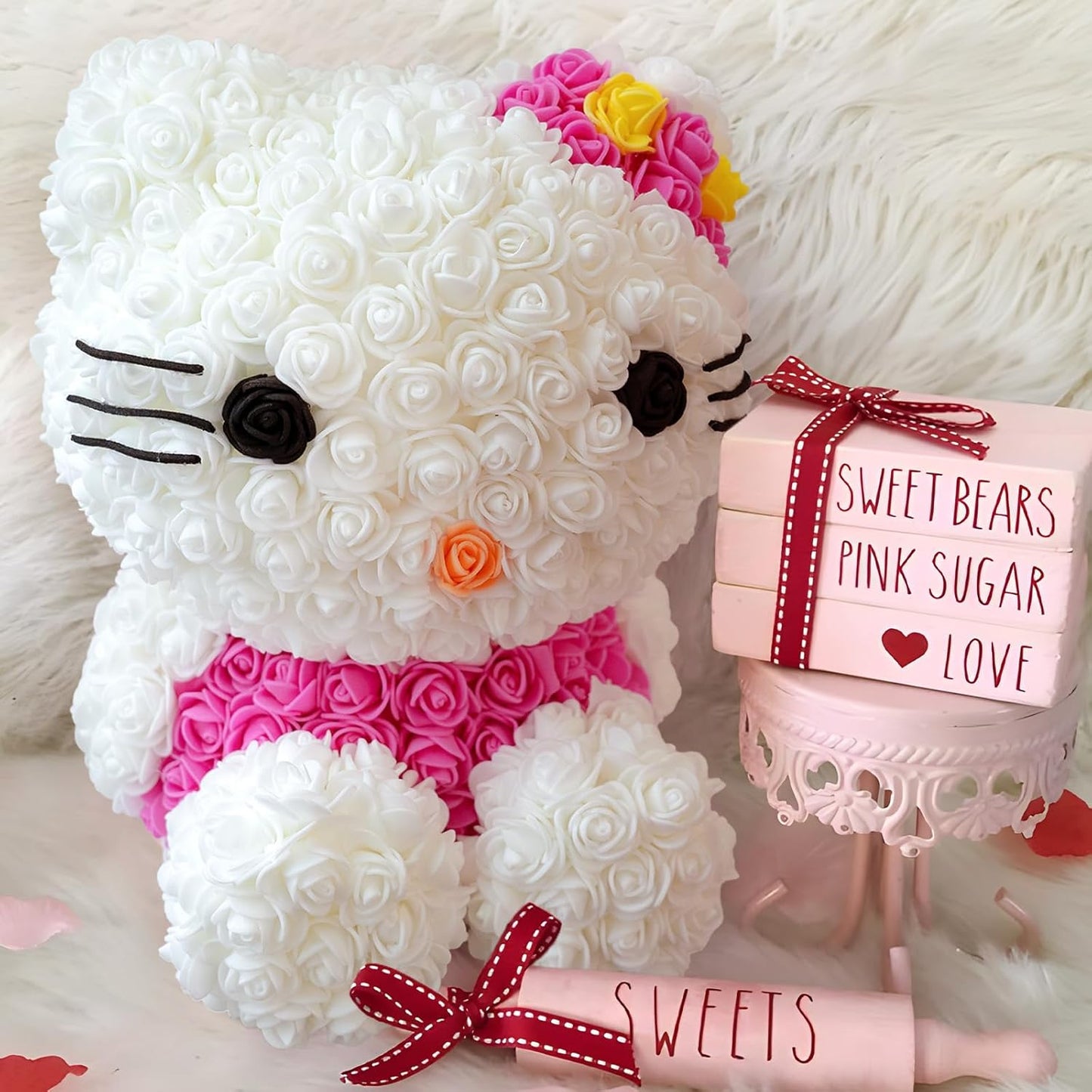 Valentines Day Gifts for Her- Hand Made Rose Kitty Valentine Day Gifts for Kids - Artificial Teddy Bear Gift for Women, Mothers Day, Wedding and Anniversary, Birthday Present