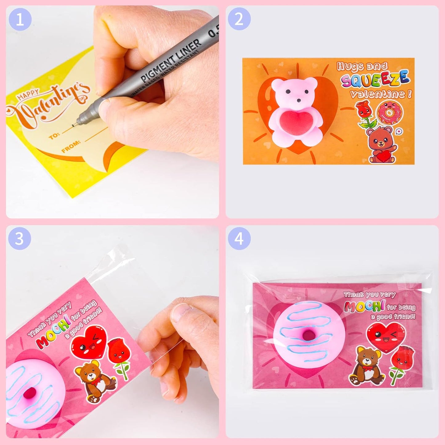 28 Packs Valentines Day Gift Cards with Cute Kawaii Mochi Squishy to Squeeze for Kids School Classroom Valentine’S Exchange Greeting Cards Party Favors