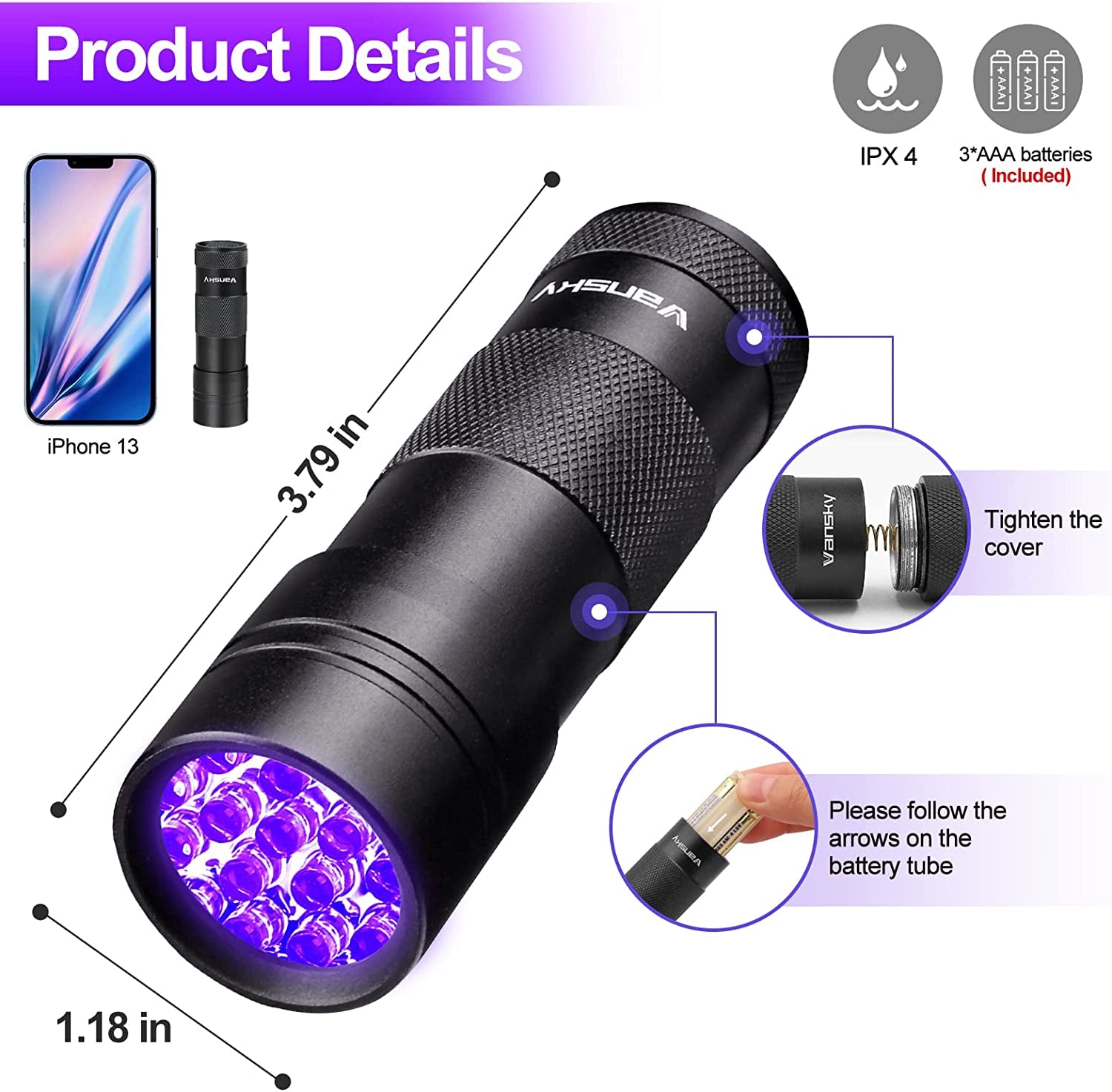 Black Light UV Flashlight Blacklight 12 LED Urine Detector for Dog/Cat/Pet Urine & Dry Stains and Bed Bug on Carpets/Rugs/Floor,Matching with Pet Odor Eliminator