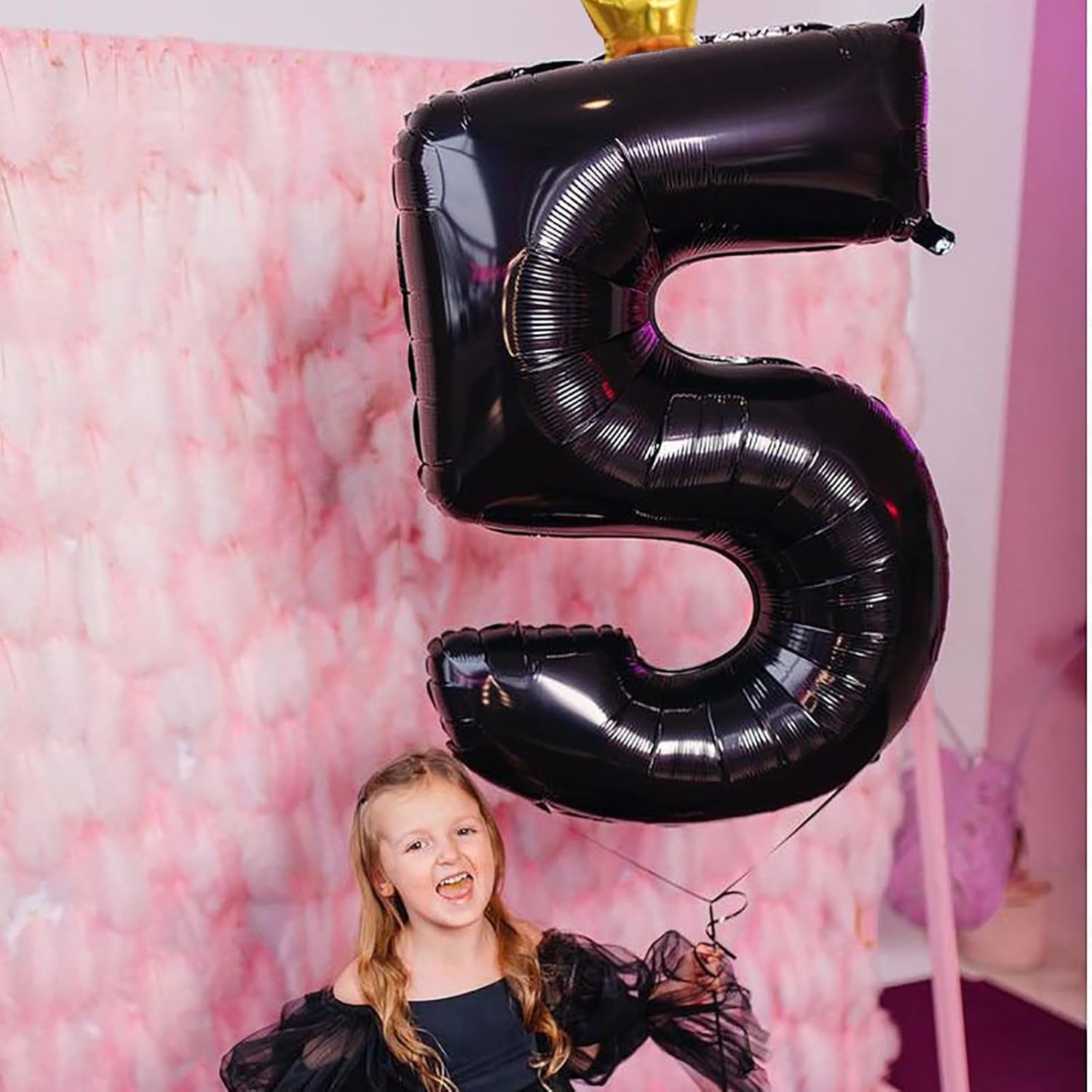 40 Inch Black 5 Number Balloons for Kids, Giant Foil 5Th Birthday Number Balloon, Crown Self Inflating Balloons 0-9 Set for Girls Boys 15Th Birthday Party Decor Anniversary Decorations Boys Supplies