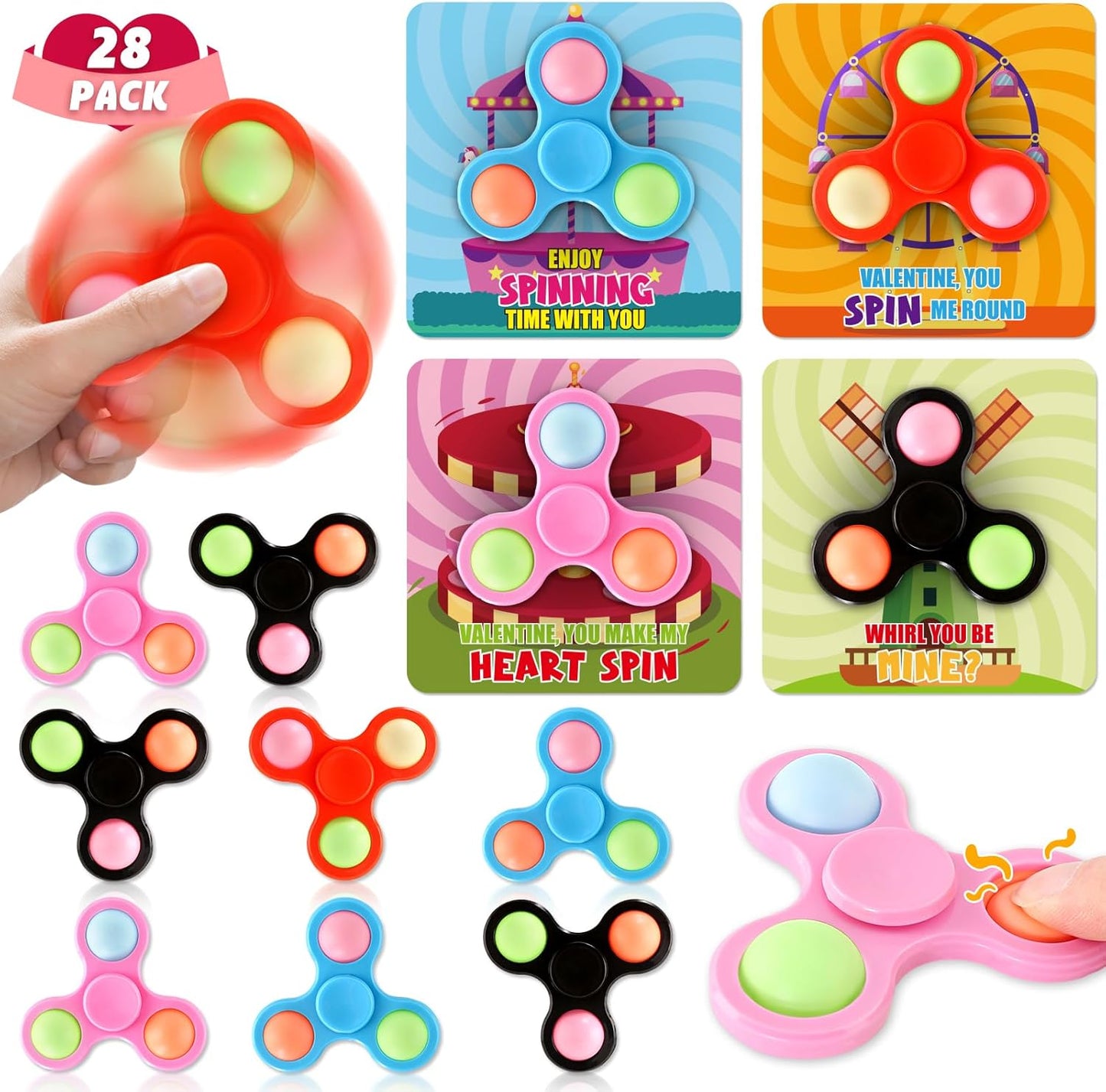 28Pack Valnetine Day Gifts for Kids Classroom School Exchange, Kids Valentine Day Greeting Cards with Spinner Toys, Valentine Day Exchange Cards Gifts for Kids Valentine'S Day Party Favors