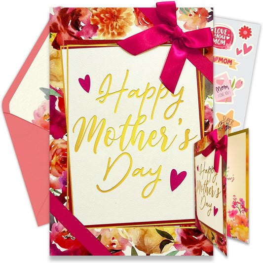 Gold Foiled and Textured 5X8In Individual Happy Mothers Day Card Set with Ribbon and Floral Designs, Card Set with Envelope and Stickers, with Printed Message Inside