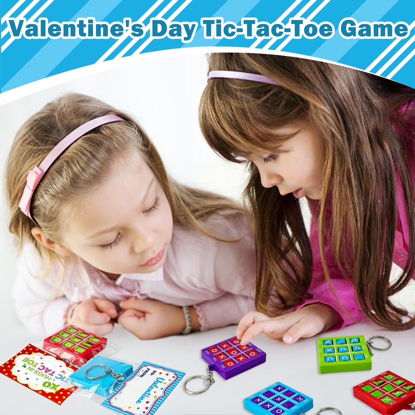 Valentines Day Gifts for Kids School Classroom - 28 Pack, Valentine Exchange Cards with Tic Tac Toe Game Keychain for Boys Girls, Party Favors Goodie Bag Stuffer Class Treat Prize Toys for Toddlers