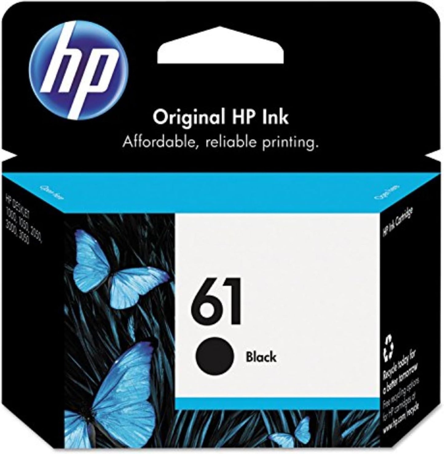 61 Black Ink Cartridge | Works with Deskjet 1000, 1010, 1050, 1510, 2050, 2510, 2540, 3000, 3050, 3510; ENVY 4500, 5530; Officejet 2620, 4630 Series | Eligible for Instant Ink | CH561WN