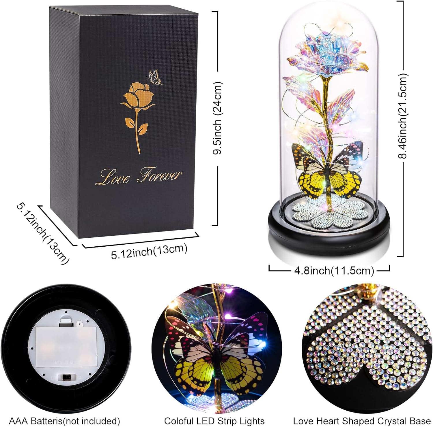 Valentines Day Gifts for Her, Galaxy Glass Rose Forever Eternal Crystal Flower Light up Rose in Glass Dome with Butterfly Birthday Valentine Gifts for Women Daughter Mom Wife Girlfriend Colorful