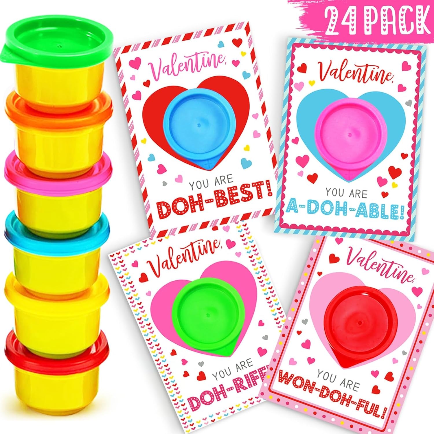 Valentines Day Gifts for Kids - 24 Pack Valentines Cards with Playdough for Kids Classroom Exchange, Valentines Party Favors for School Toddlers Girls Boys