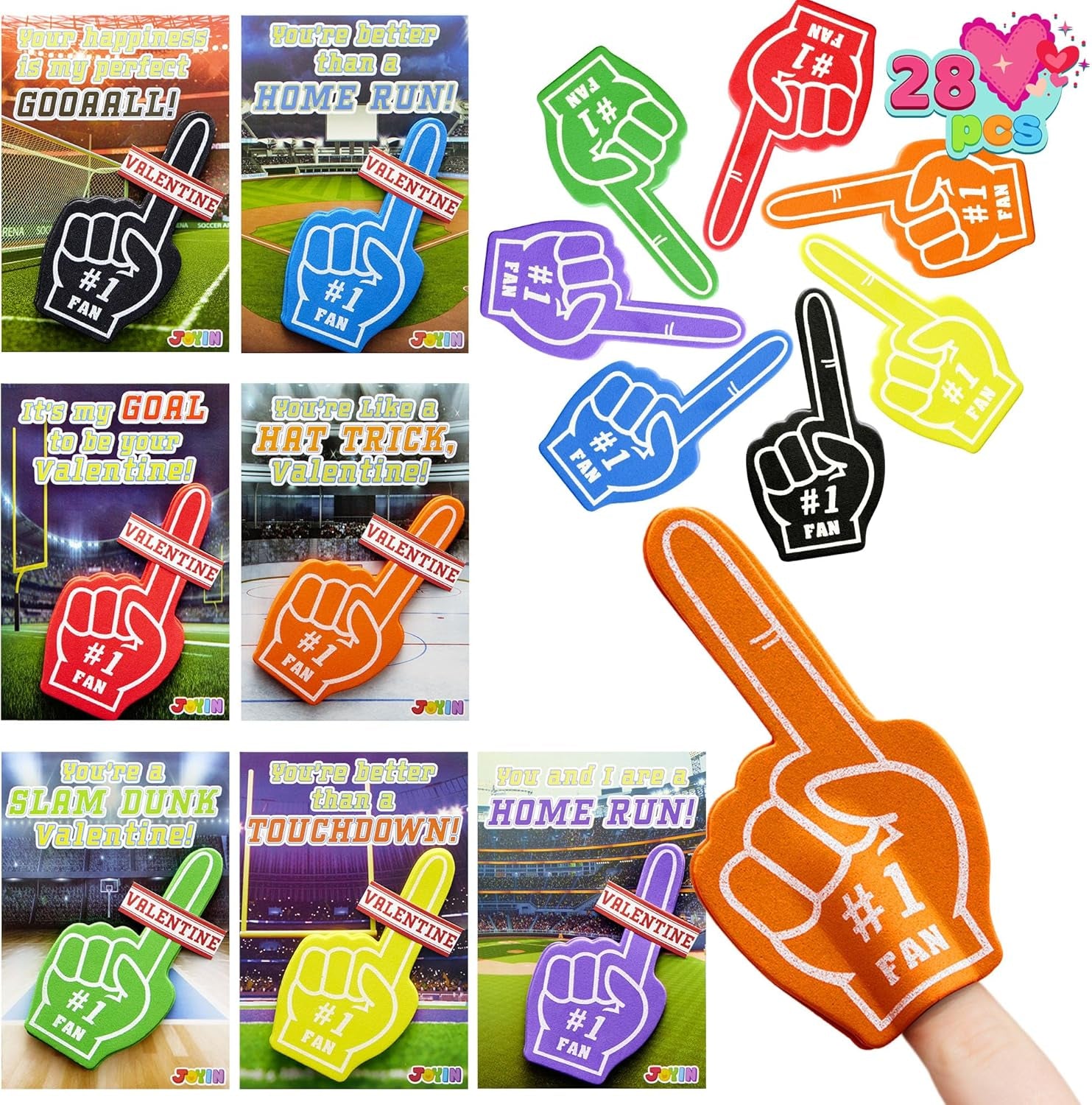 28 Pcs Valentines Day Foam Fingers with Cards for Kids, Valentine’S Greeting Cards, Classroom Exchange Gift for Kids, Holiday Reward Prizes and Party Favor