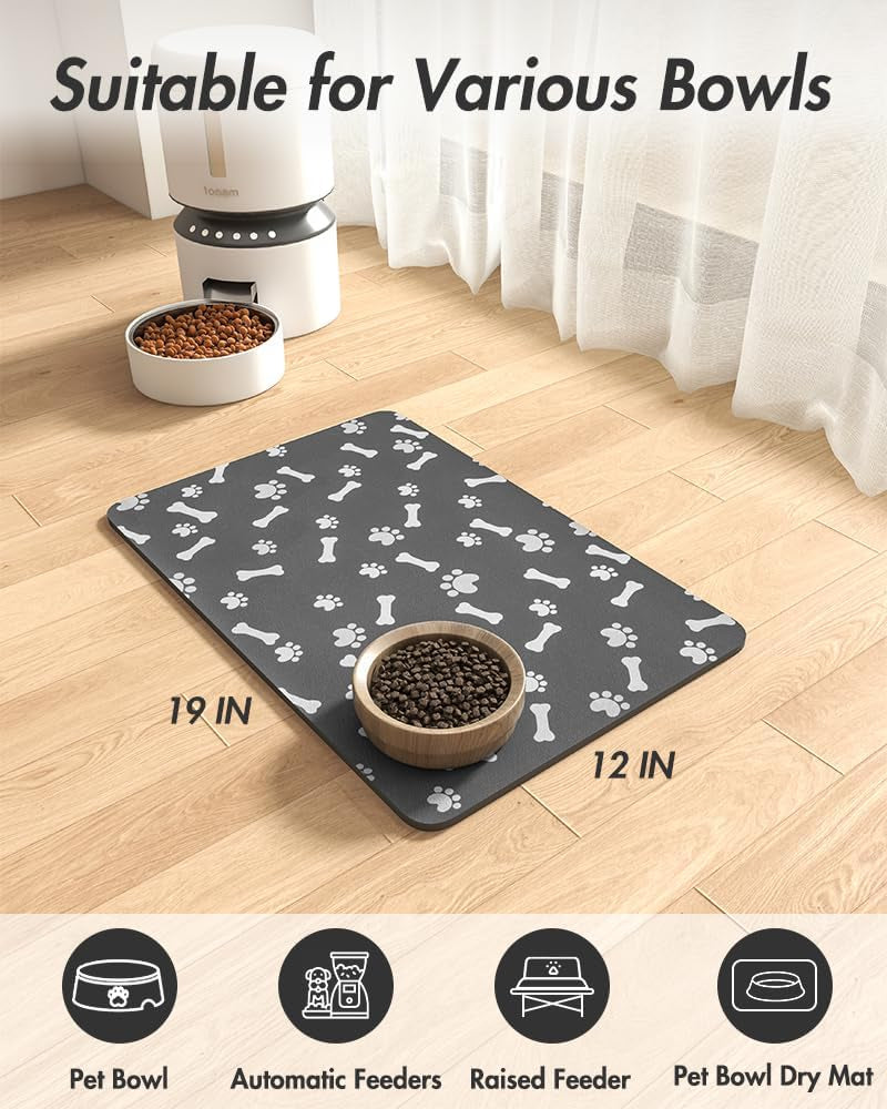 Pet Feeding Mat-Absorbent Dog Food Mat-Dog Mat for Food and Water-No Stains Quick Dry Dog Water Dispenser Mat-Pet Supplies-Dog Placemat Dog Water Bowl for Messy Drinkers 12"X19" Dark Grey