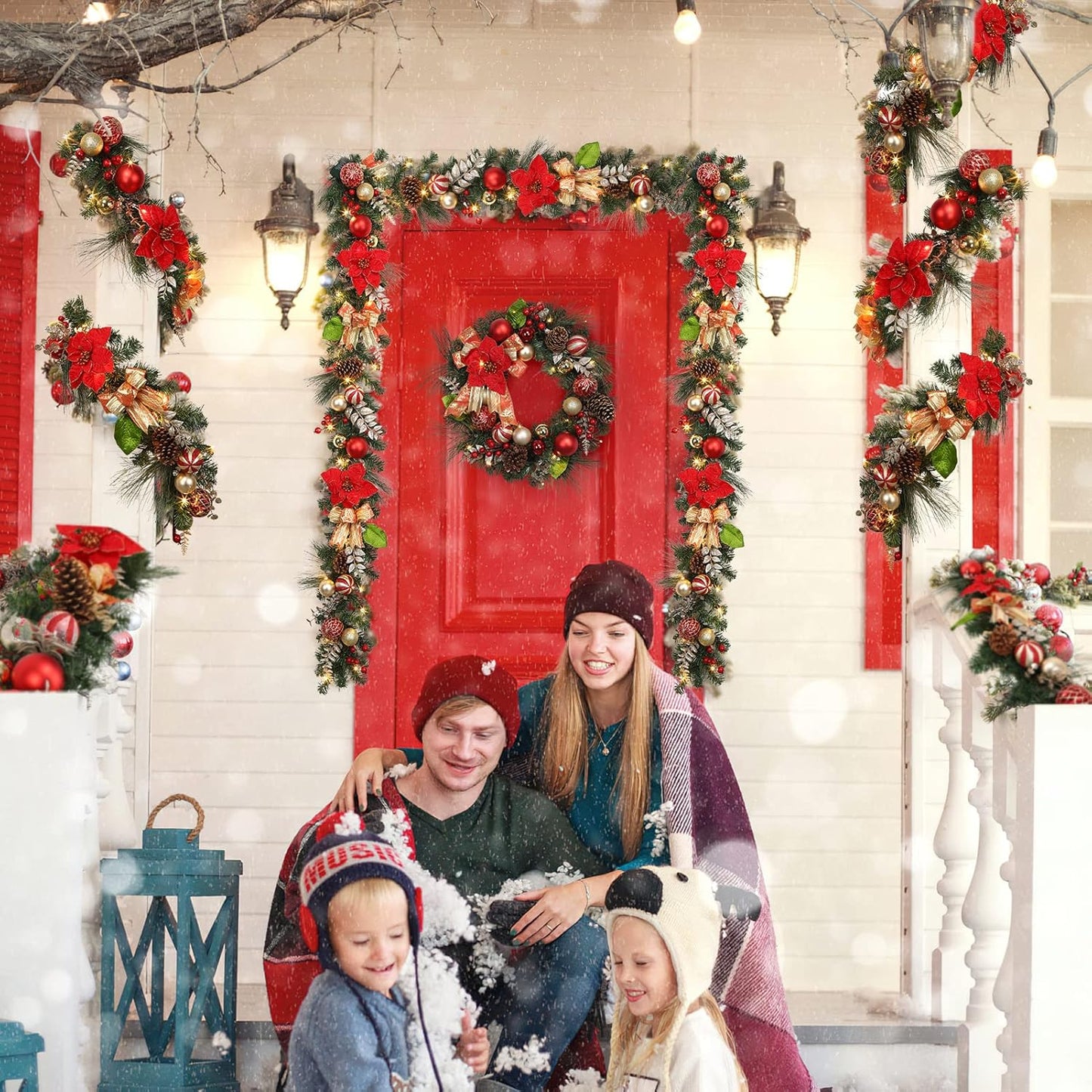 Christmas Lighted Garland, Red and Gold Theme 6FT 20LED Pre-Lit Christmas Garland with Ball Ornaments, Flowers, Ribbons, Pine Cones and Berries for Door Stairs Mantle Christmas Decoration