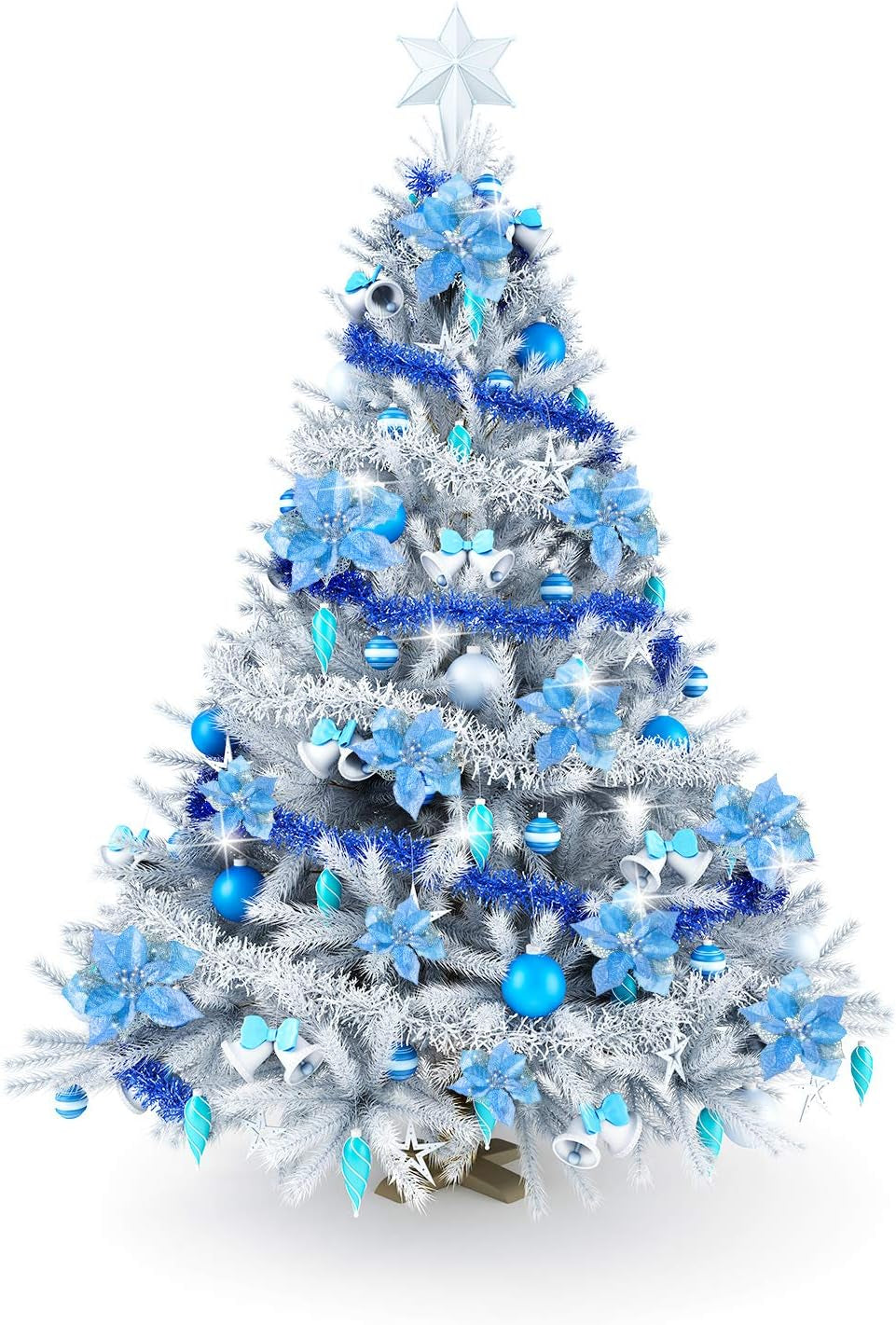 36 Pieces Christmas Poinsettia Glitter Faux Flowers Christmas Artificial Flowers Tree Ornaments Topper Xmas Decorations(Blue)