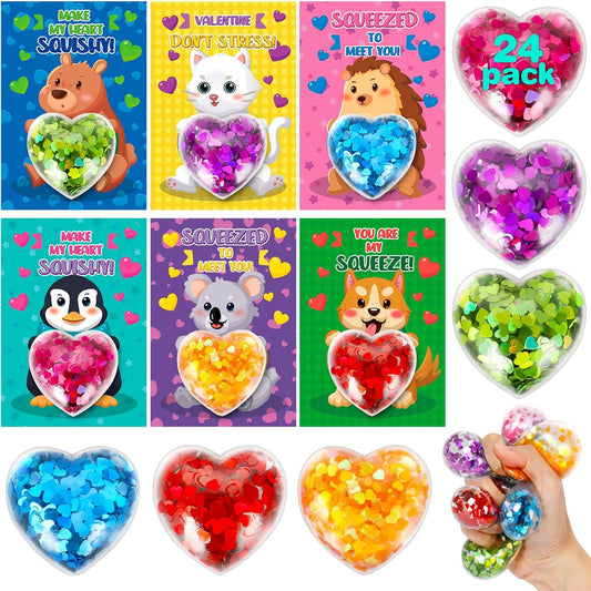 24 Pack Valentines Day Cards for Kids School, Valentines Heart Stress Balls with Greeting Cards for Kids, Valentines Day Gifts for Kids Classroom, Stress Relief Toys for Valentine'S Party Favor Prizes